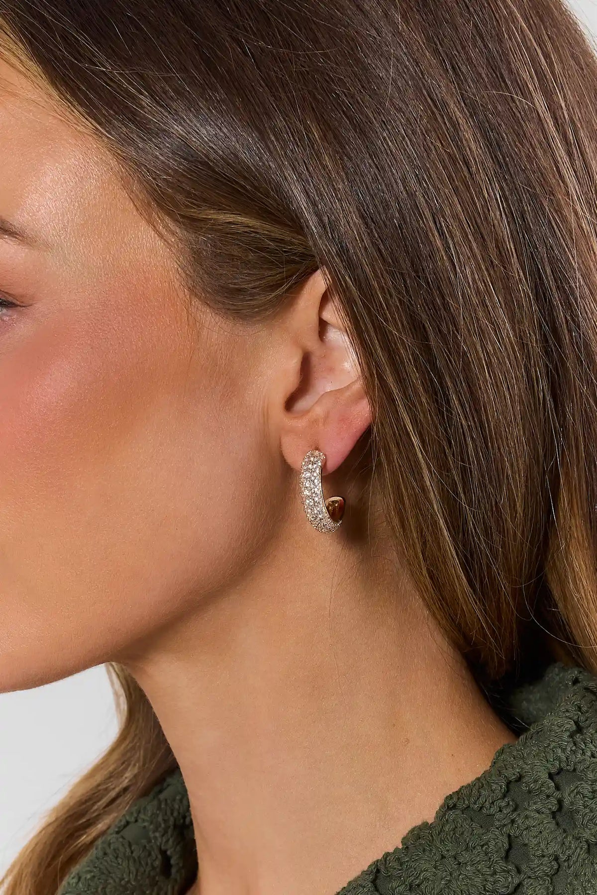 Gold Pavé Rhinestone Huggie Earring - On Model Side Profile Detail | Avara