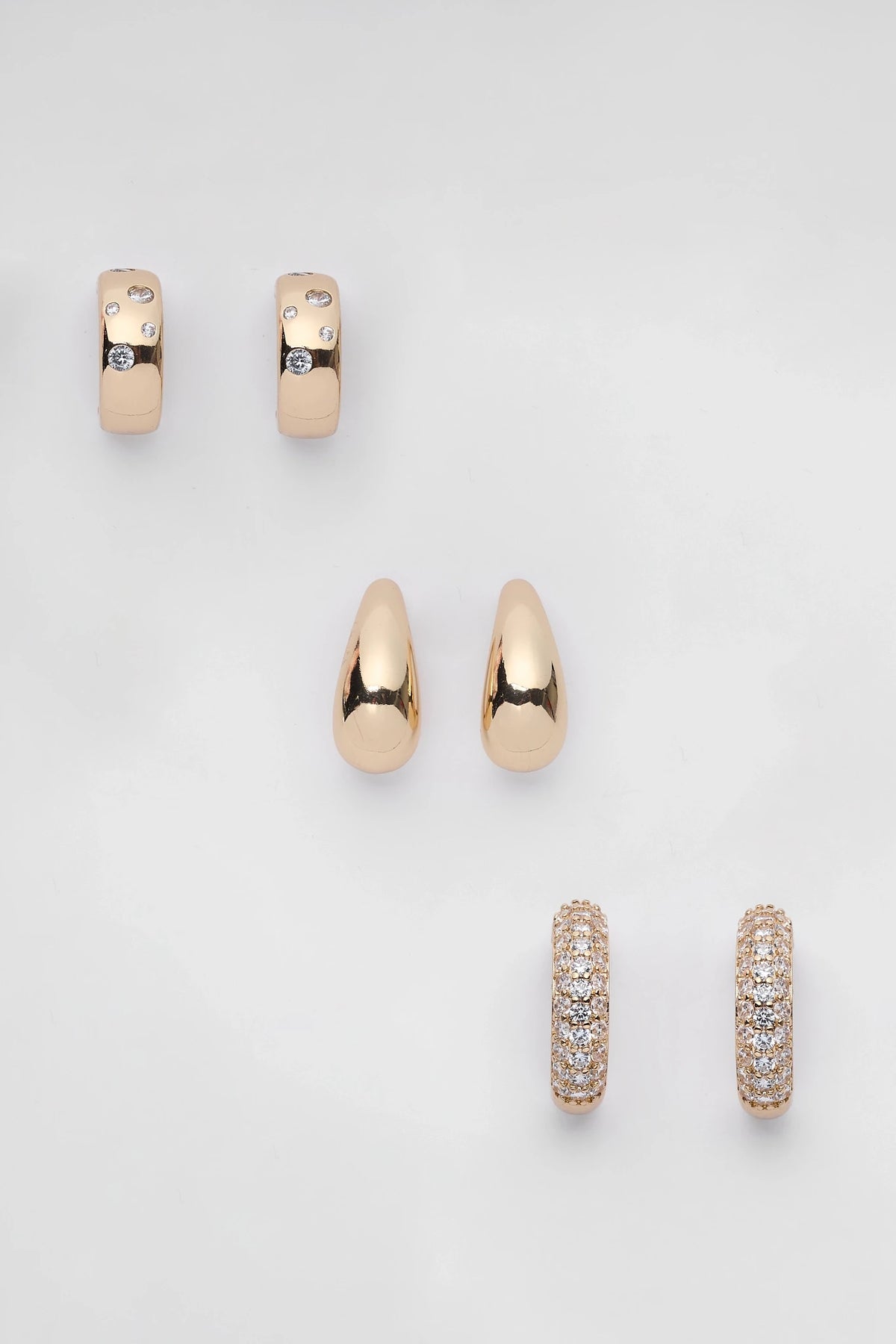Gold Huggie Earring Set of Three - Flat Lay, Rhinestone & Polished Styles | Avara