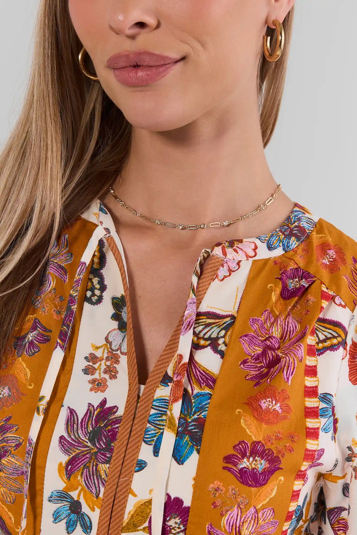 Delicate Gold Chain Necklace On Model with Floral Top - Neck Detail | Avara