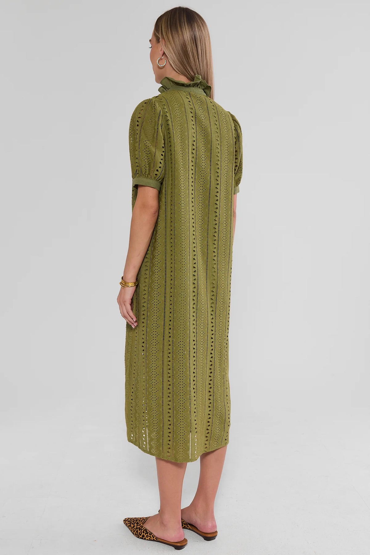 Olive Green Eyelet Button-Up Midi Dress - Back View Showing Puff Sleeves | Avara
