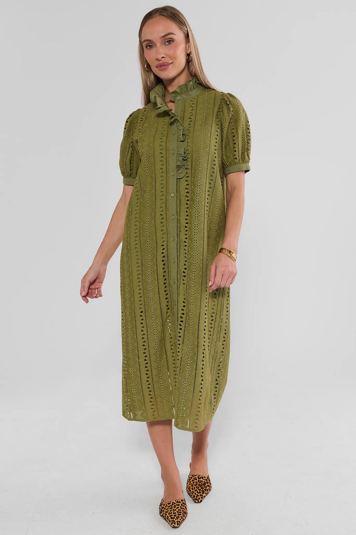 Olive Green Cotton Eyelet Midi Dress - Full Length Front View On Model | Avara