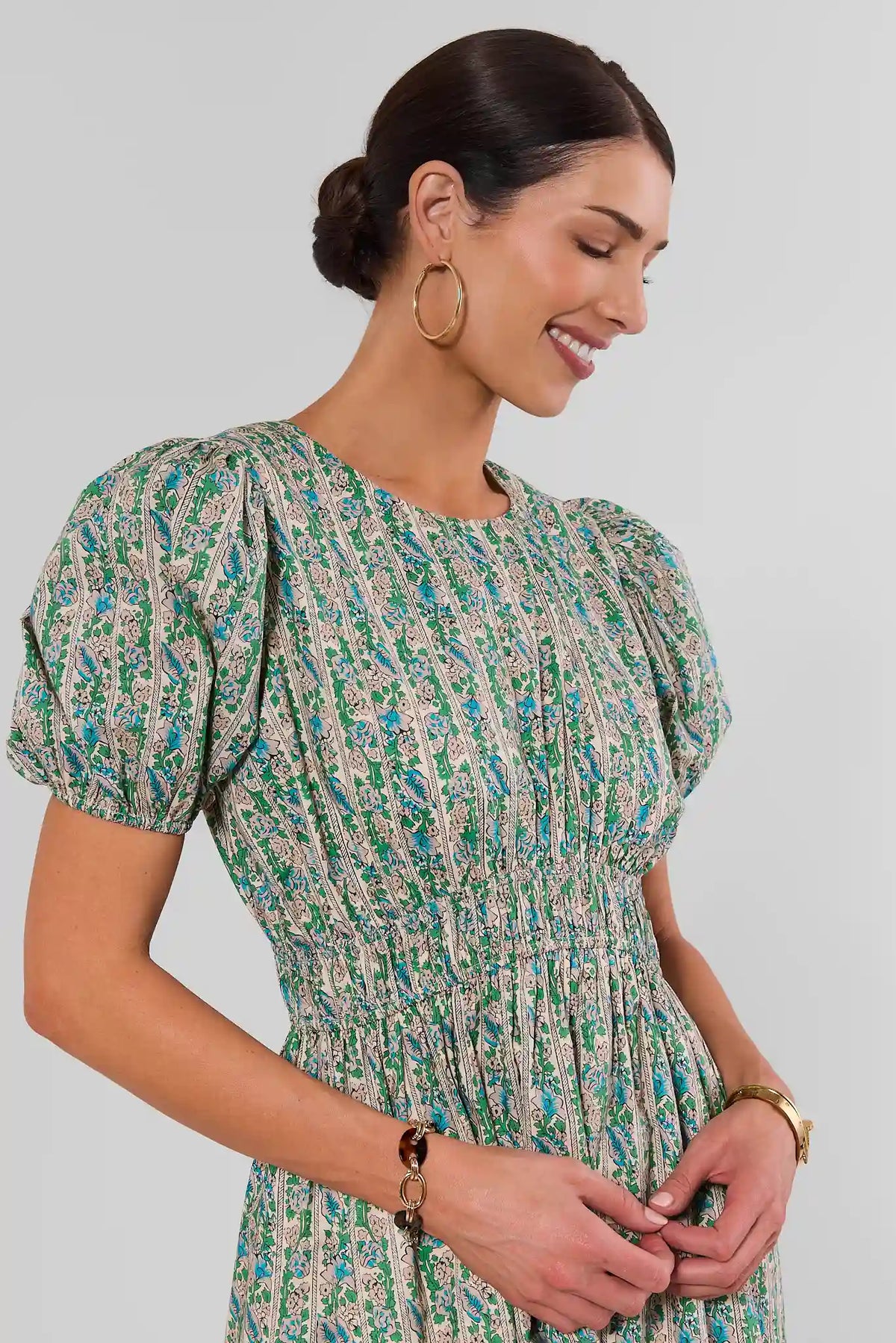Green Floral Cotton Midi Dress - Side Profile Detail, Puff Sleeves & Smocked Waist | Avara