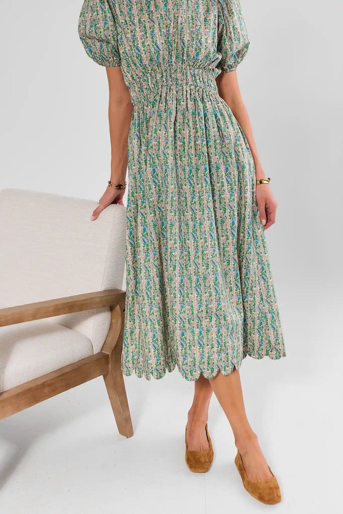 Green Floral Cotton Midi Dress - Scalloped Hem & Skirt Close-Up, On Model | Avara