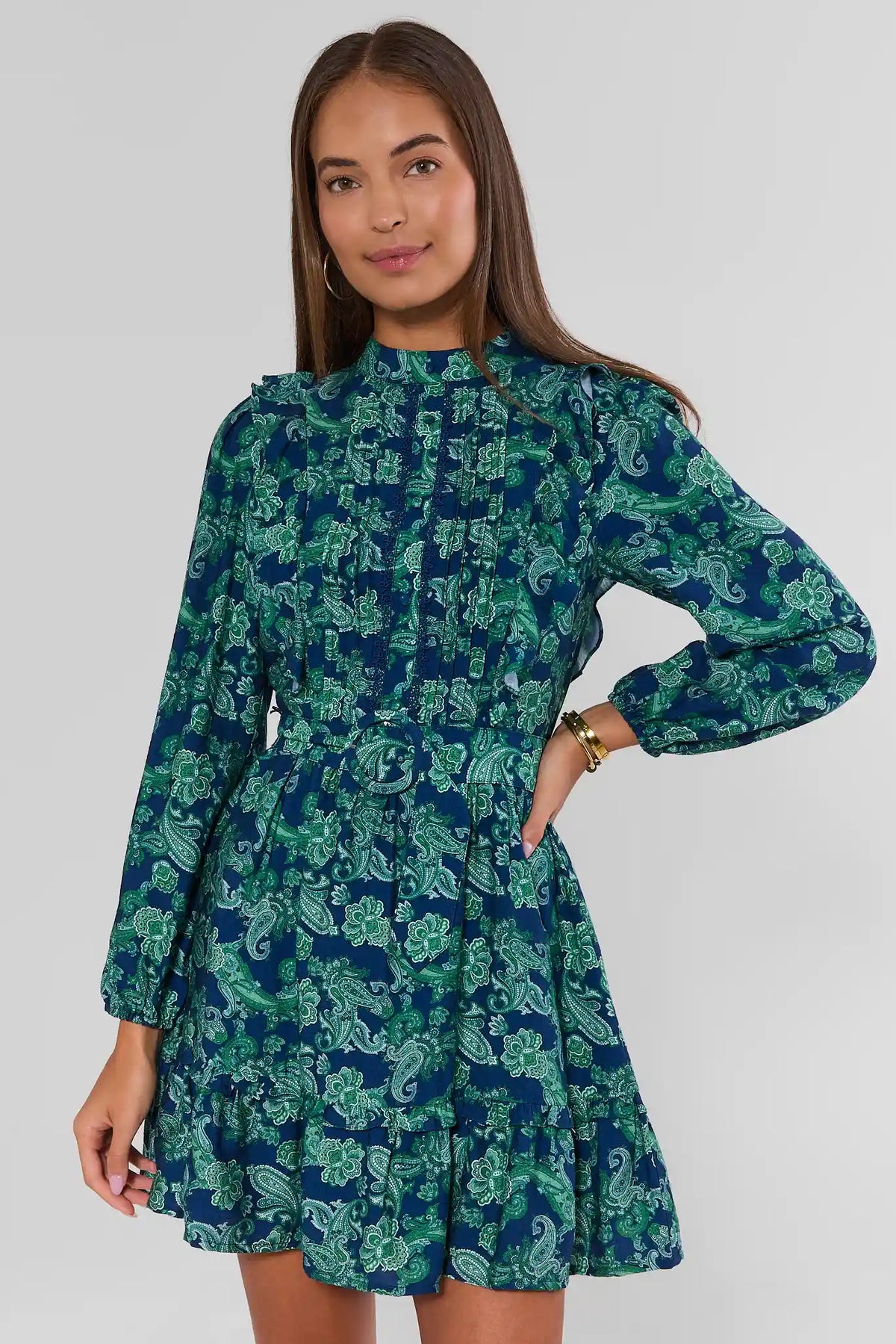 Blue Paisley Ruffle Short Dress - Front View On Model with Nude Heels | Avara