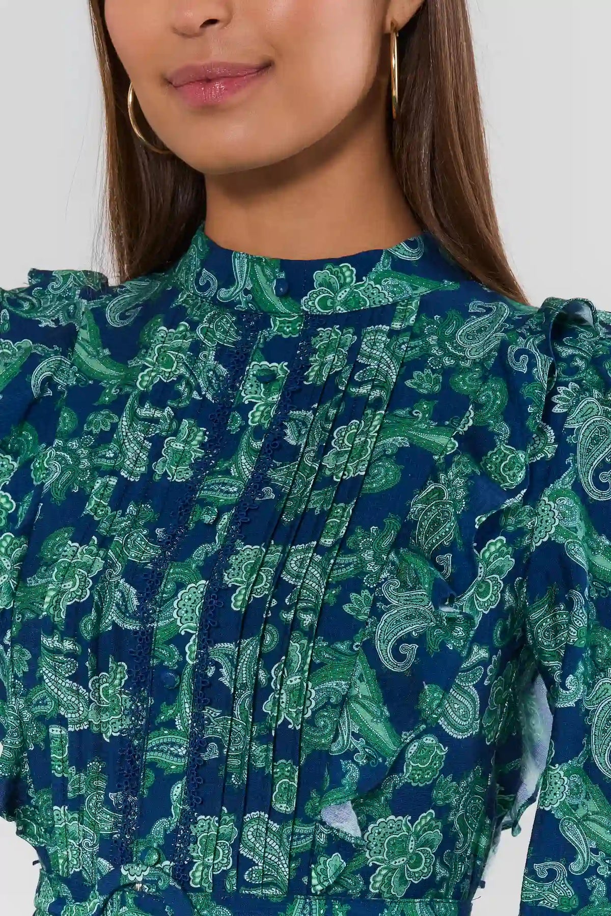 Blue Paisley Ruffle Short Dress - Neckline & Pintuck Detail Close-Up | Avara