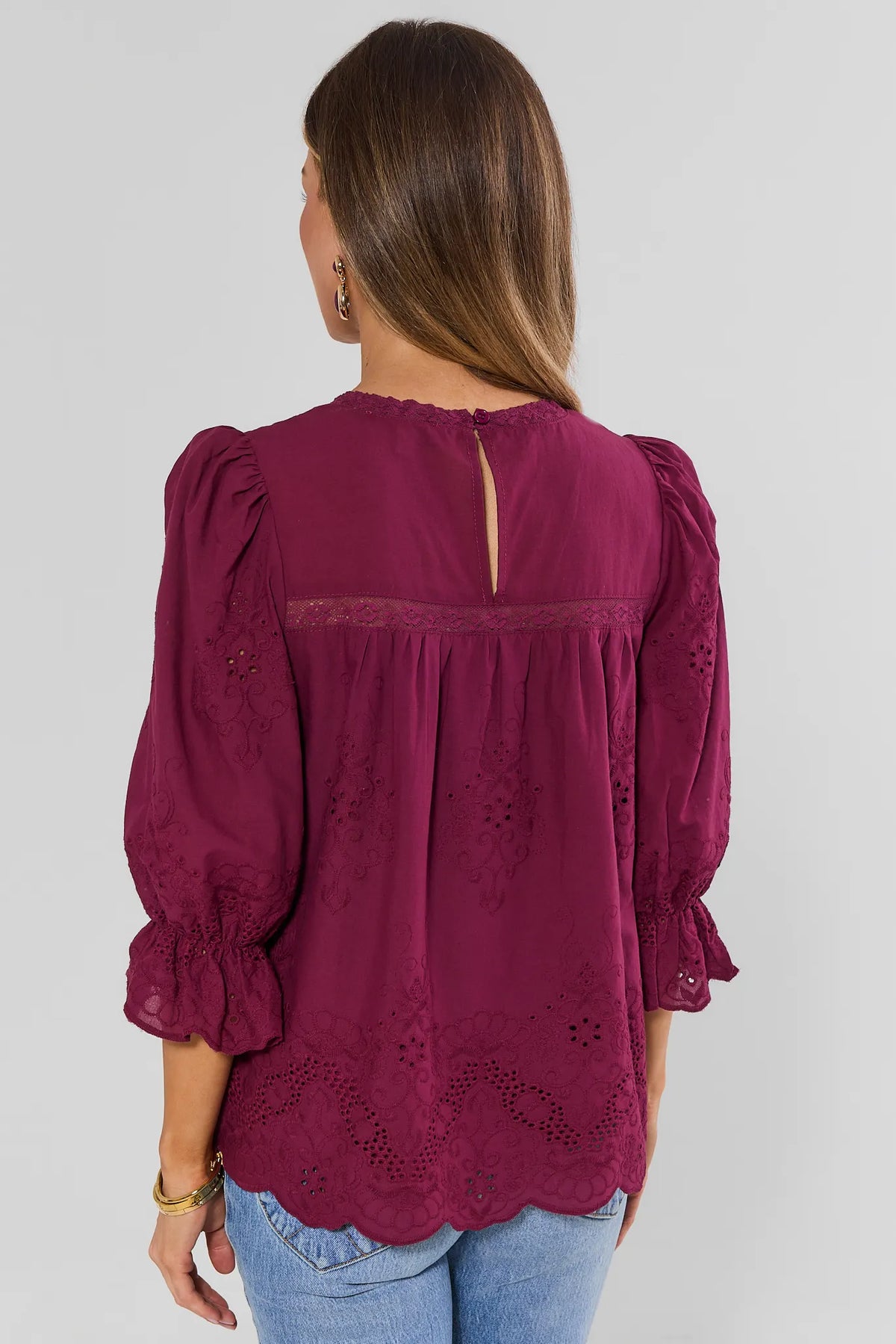 Burgundy Eyelet Detail Top - Back View, Keyhole Closure & Scalloped Hem | Avara