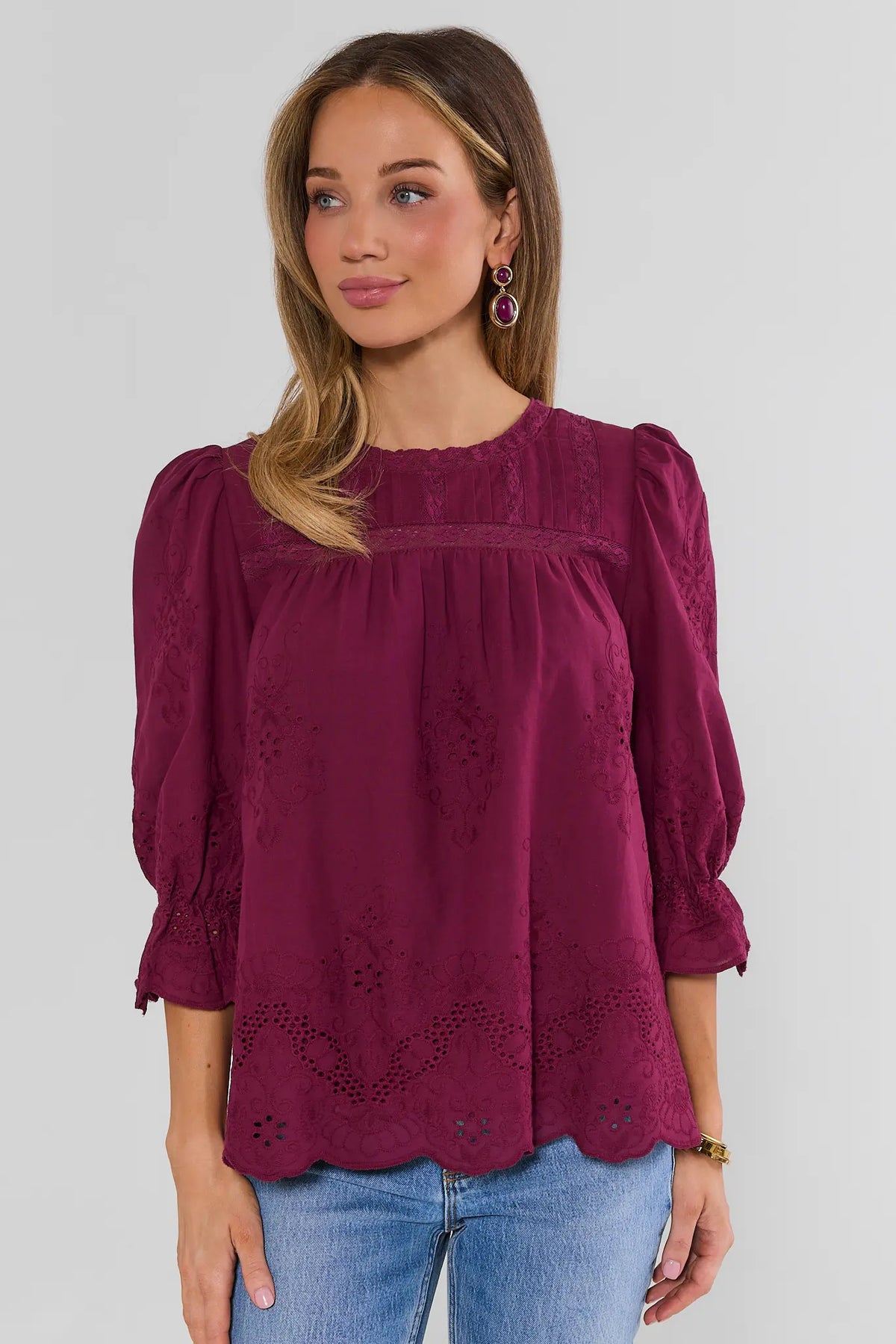 Burgundy Cotton Eyelet Detail Top - Front View, 3/4 Sleeves & Scalloped Hem | Avara