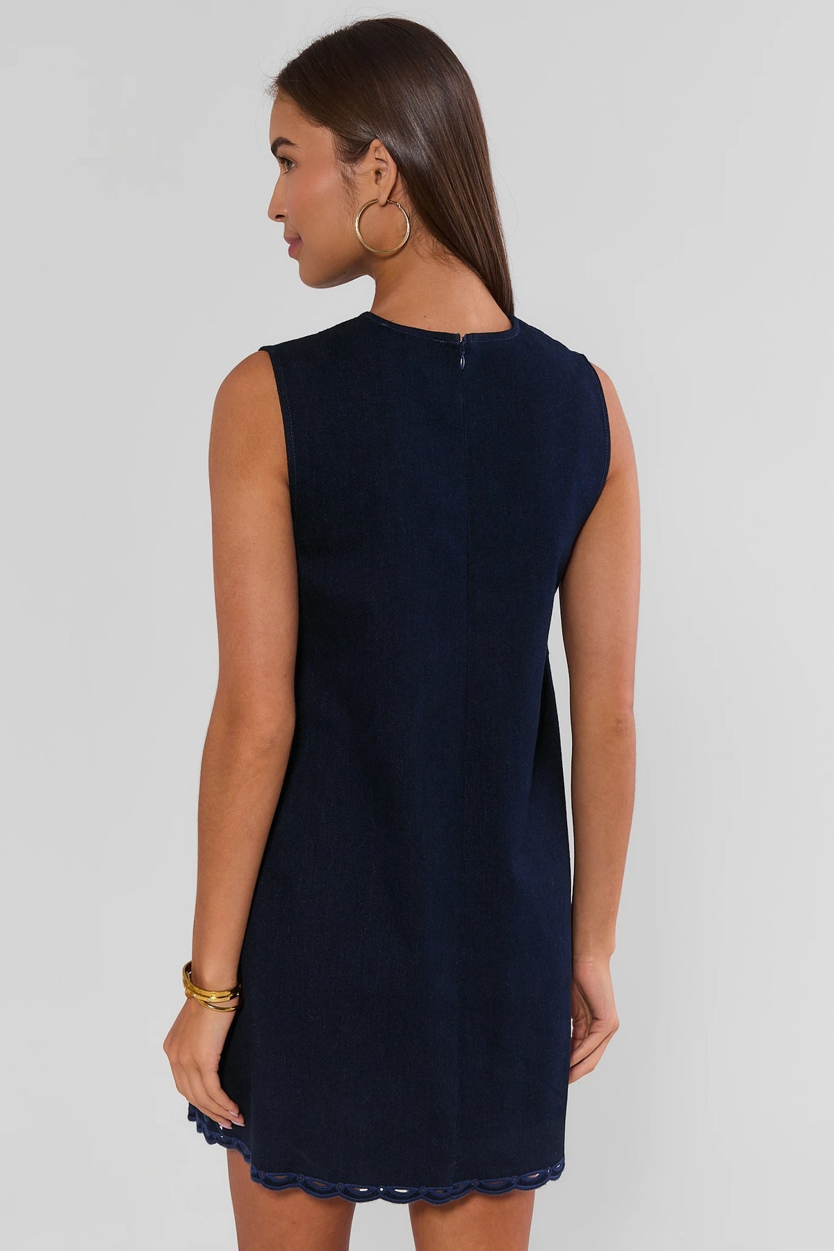 Navy Eyelet Button-Up Short Dress - Back View Scallop Hem Detail | Avara