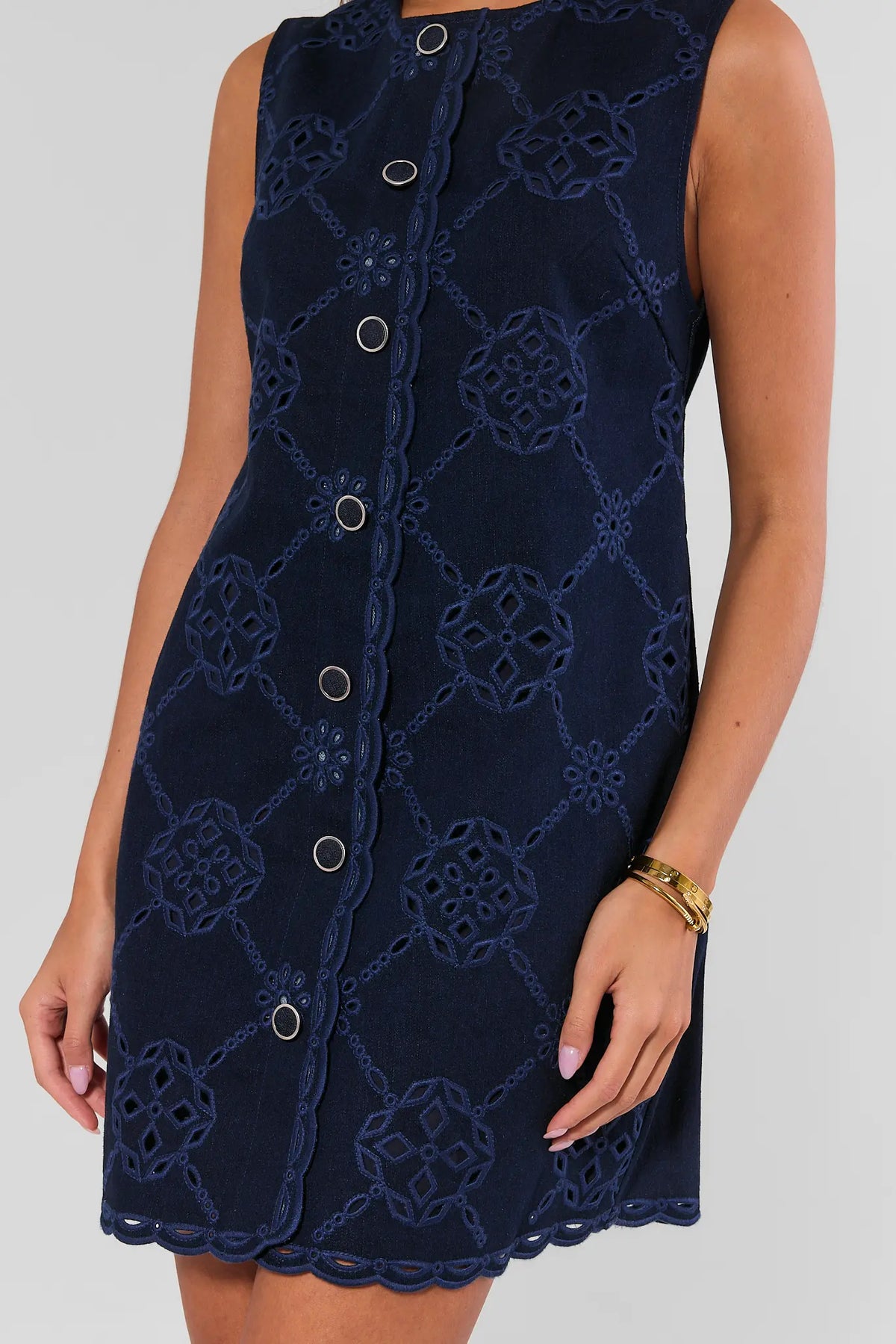 Navy Eyelet Short Dress - Front Close-Up Scallop Hem & Button Detail | Avara
