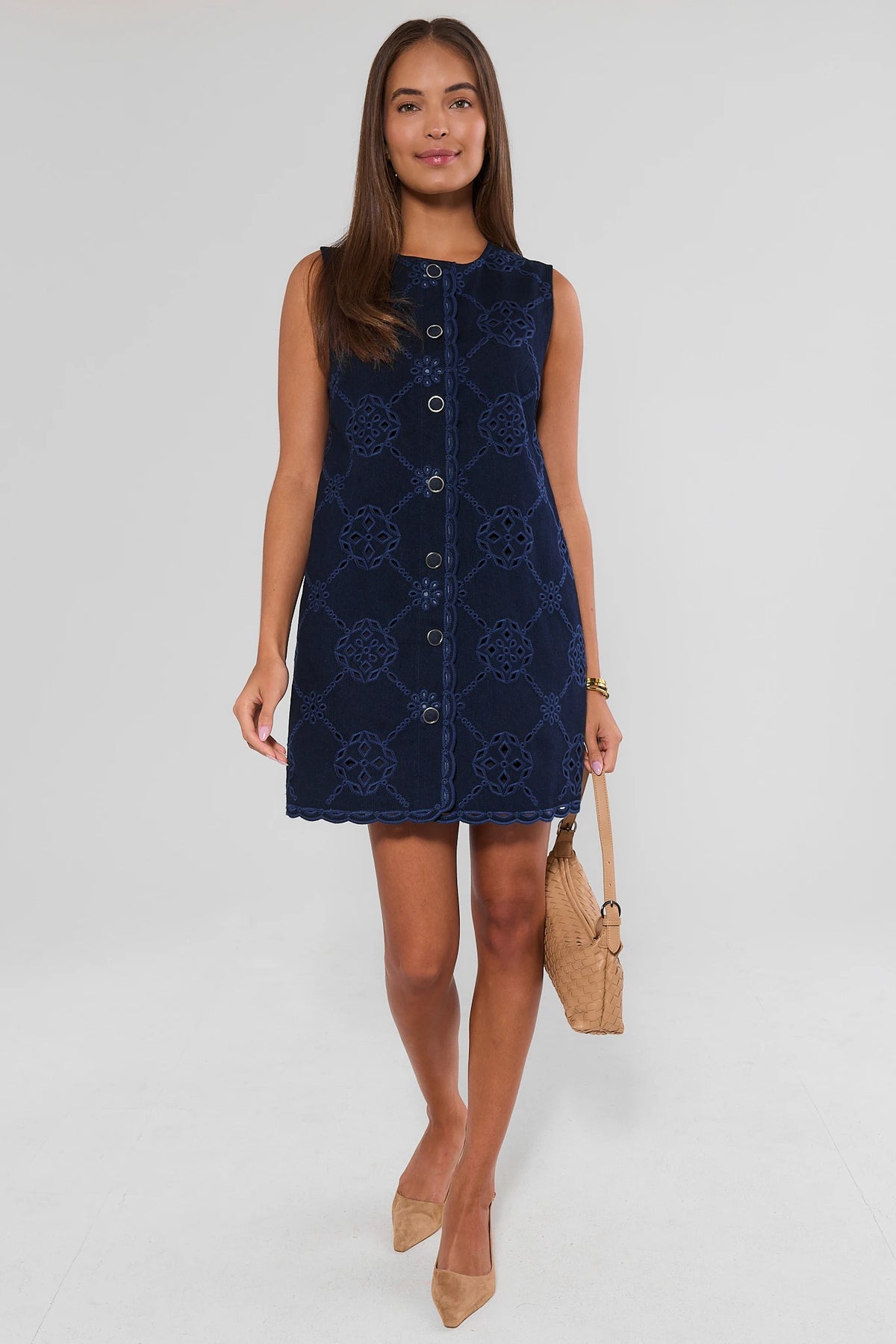 Navy Eyelet Button-Up Short Dress - Full-Length Styled On Model with Bag | Avara