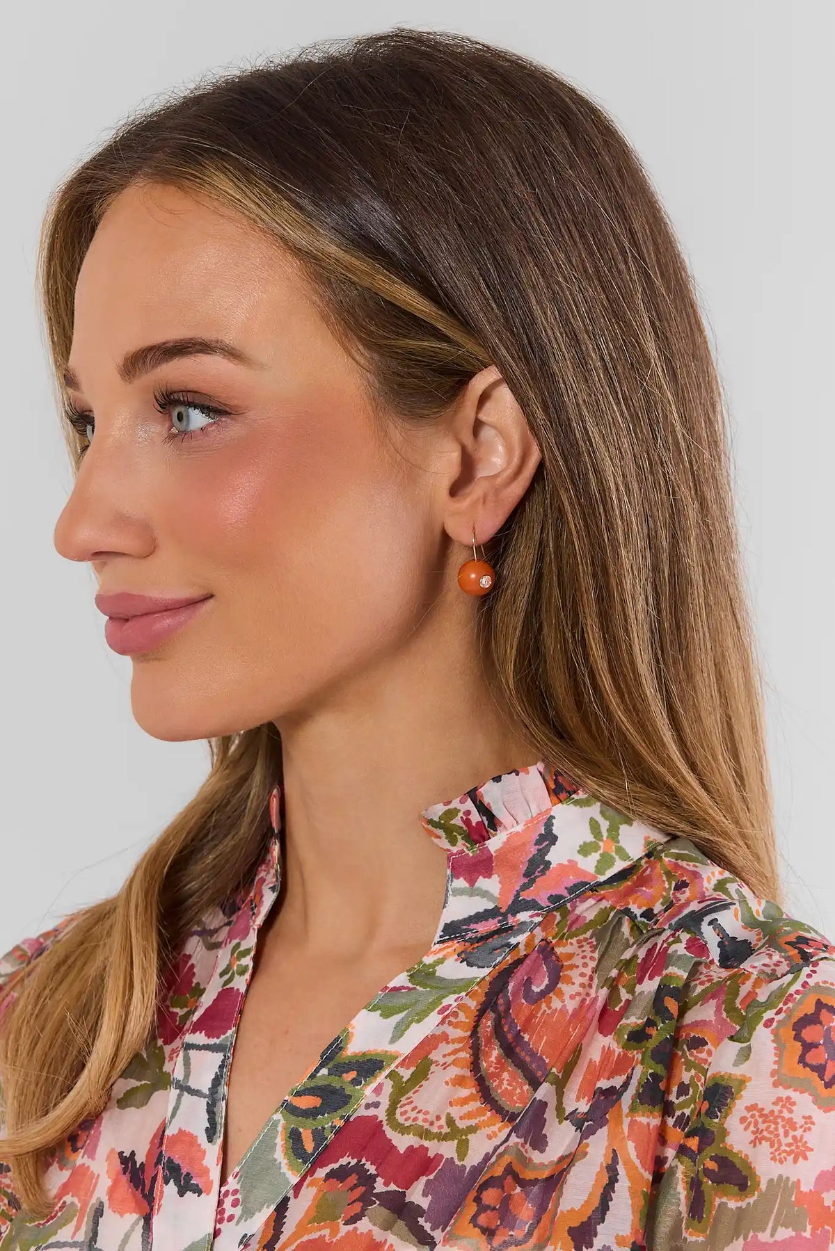 Orange Circle Drop Earrings with Gold-Tone Hook - On Model Side Profile | Avara