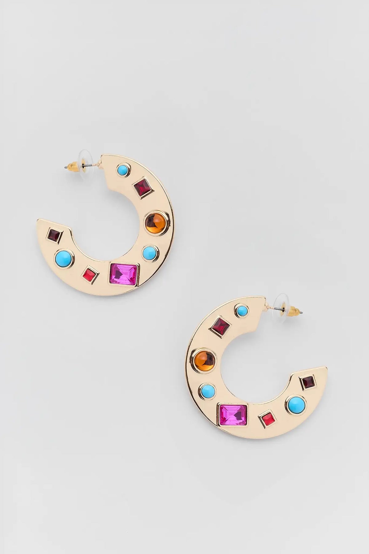 Gold Multi-Stone Hoop Earrings with Colorful Rhinestones - Flat Lay | Avara