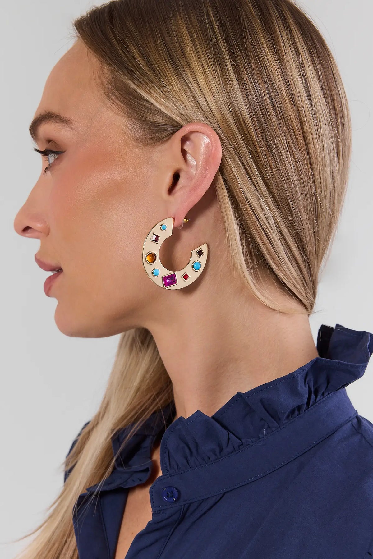 Gold Multi-Stone Hoop Earrings - On Model Side Profile | Avara