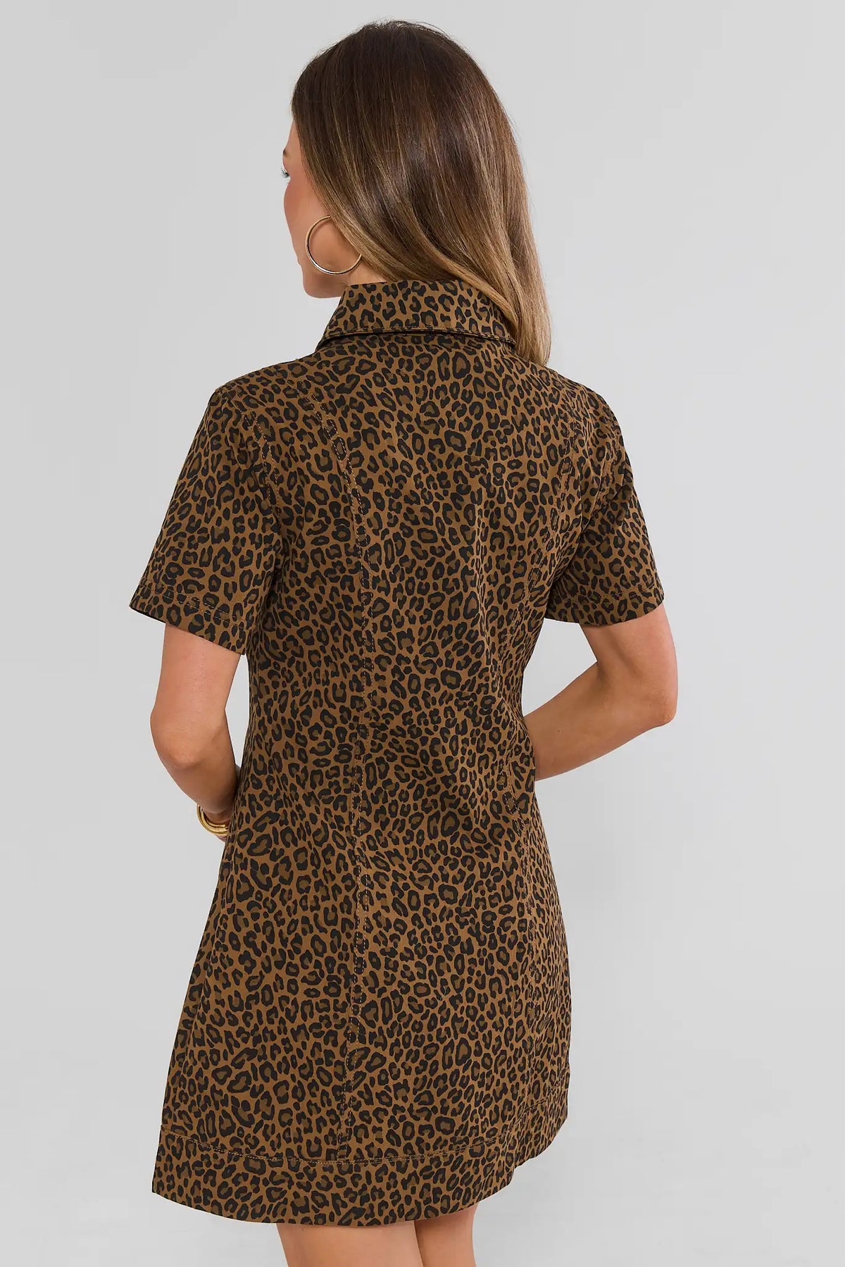 Brown Leopard Print Mini Shirt Dress - Back View Showing Short Sleeves & A-Line Hem | Avara