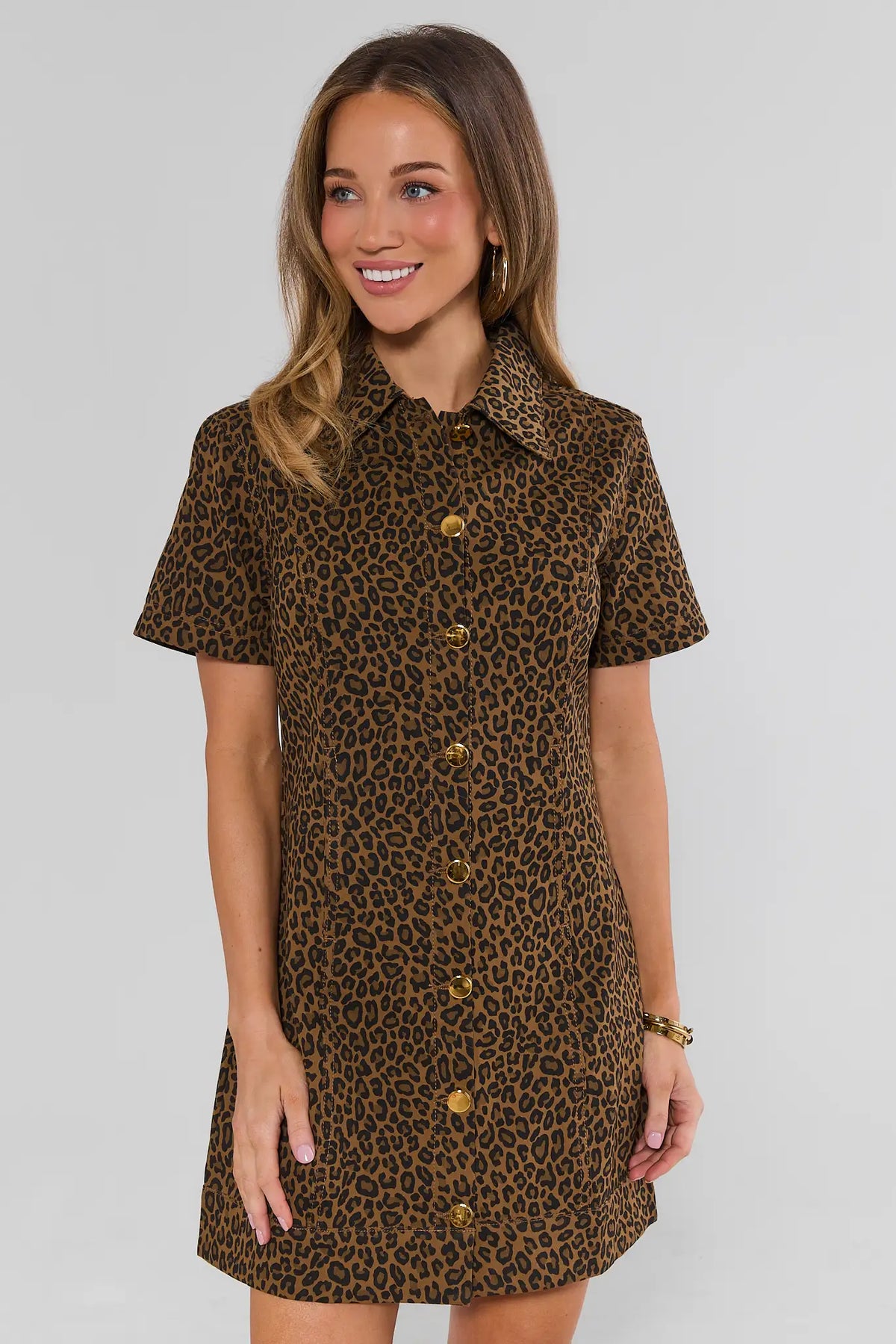 Brown Leopard Print Button Up Mini Dress - Three-Quarter Side View, A-Line Silhouette | Avara