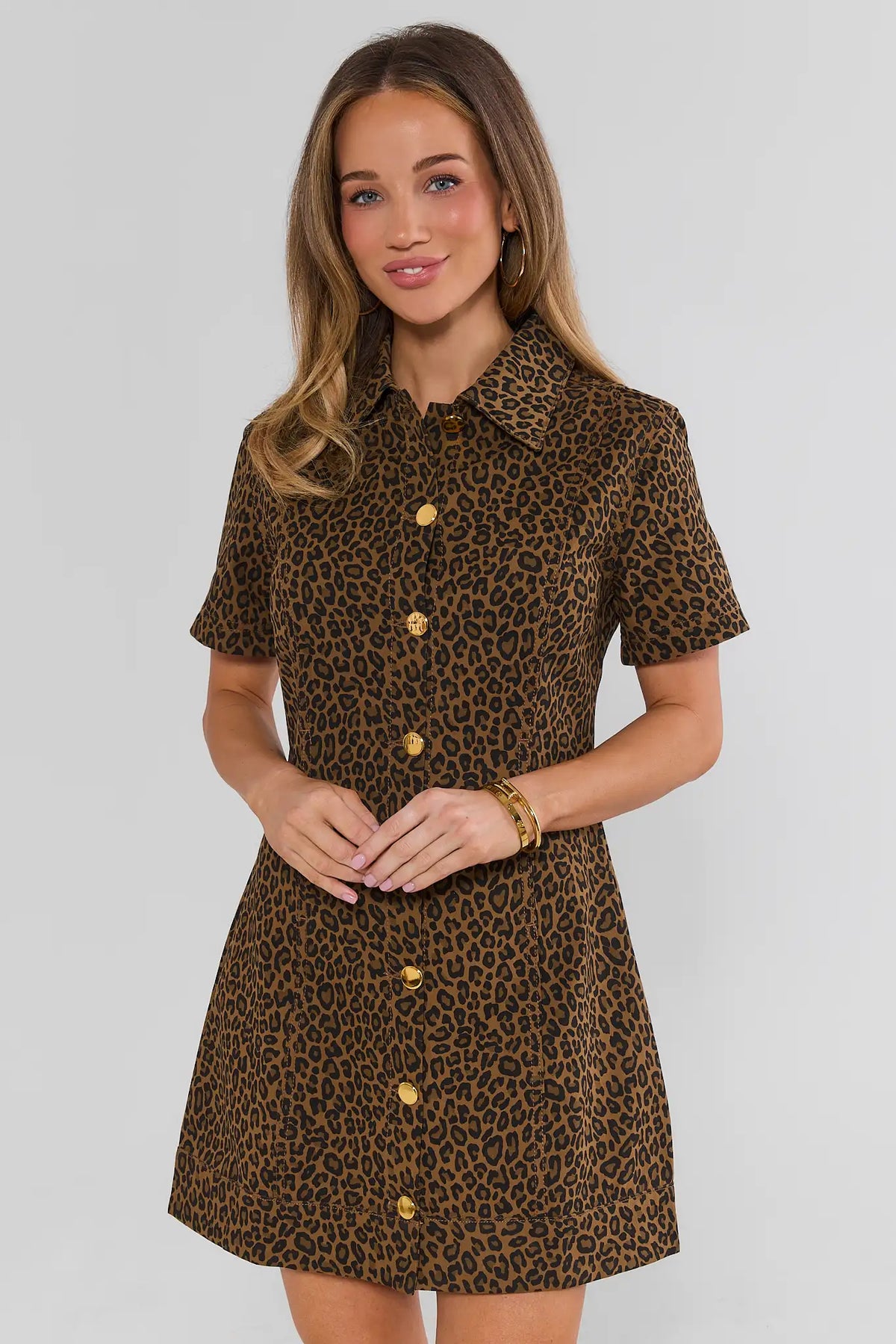 Brown Leopard Print Button Up Mini Dress - Front View On Model, Gold Buttons | Avara