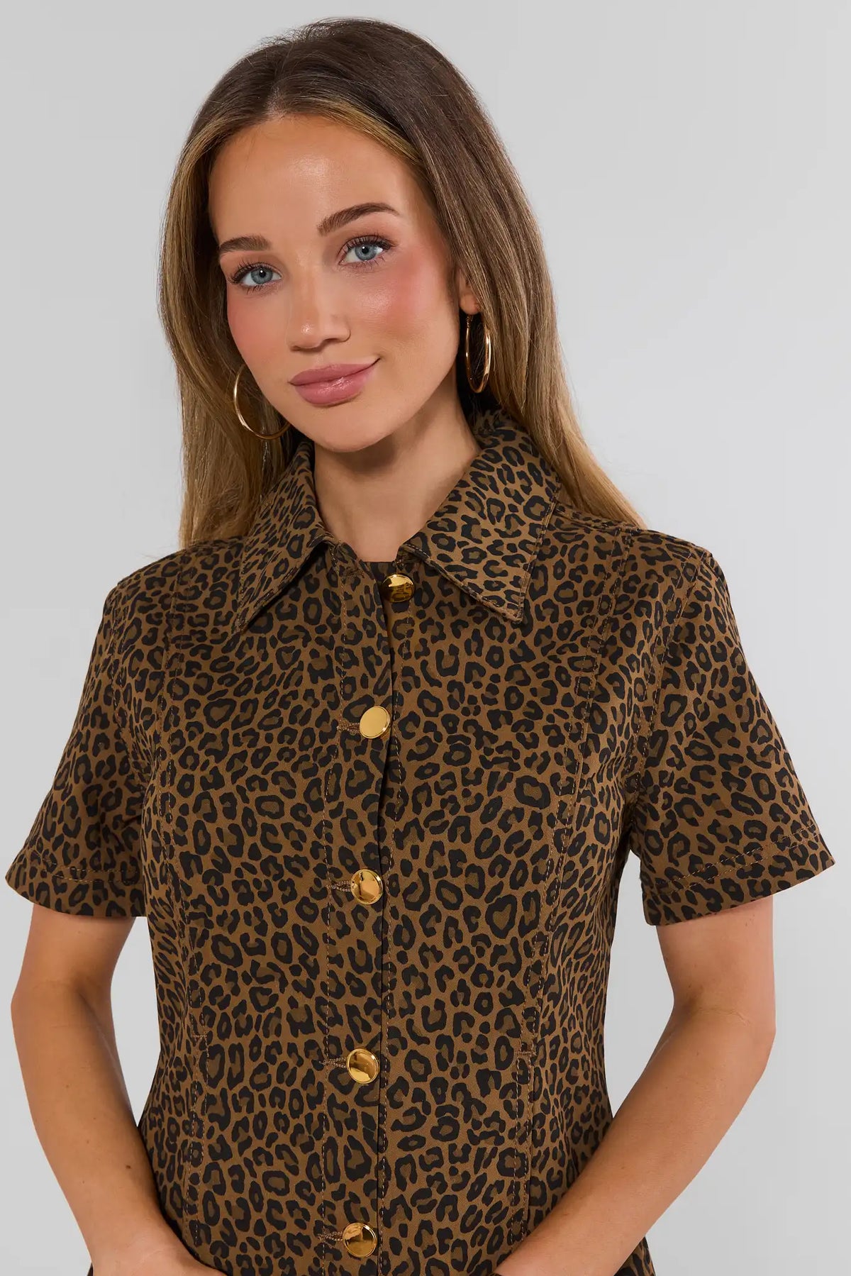Brown Animal Print Button Up Mini Dress - Collar & Gold Button Close-Up Detail | Avara