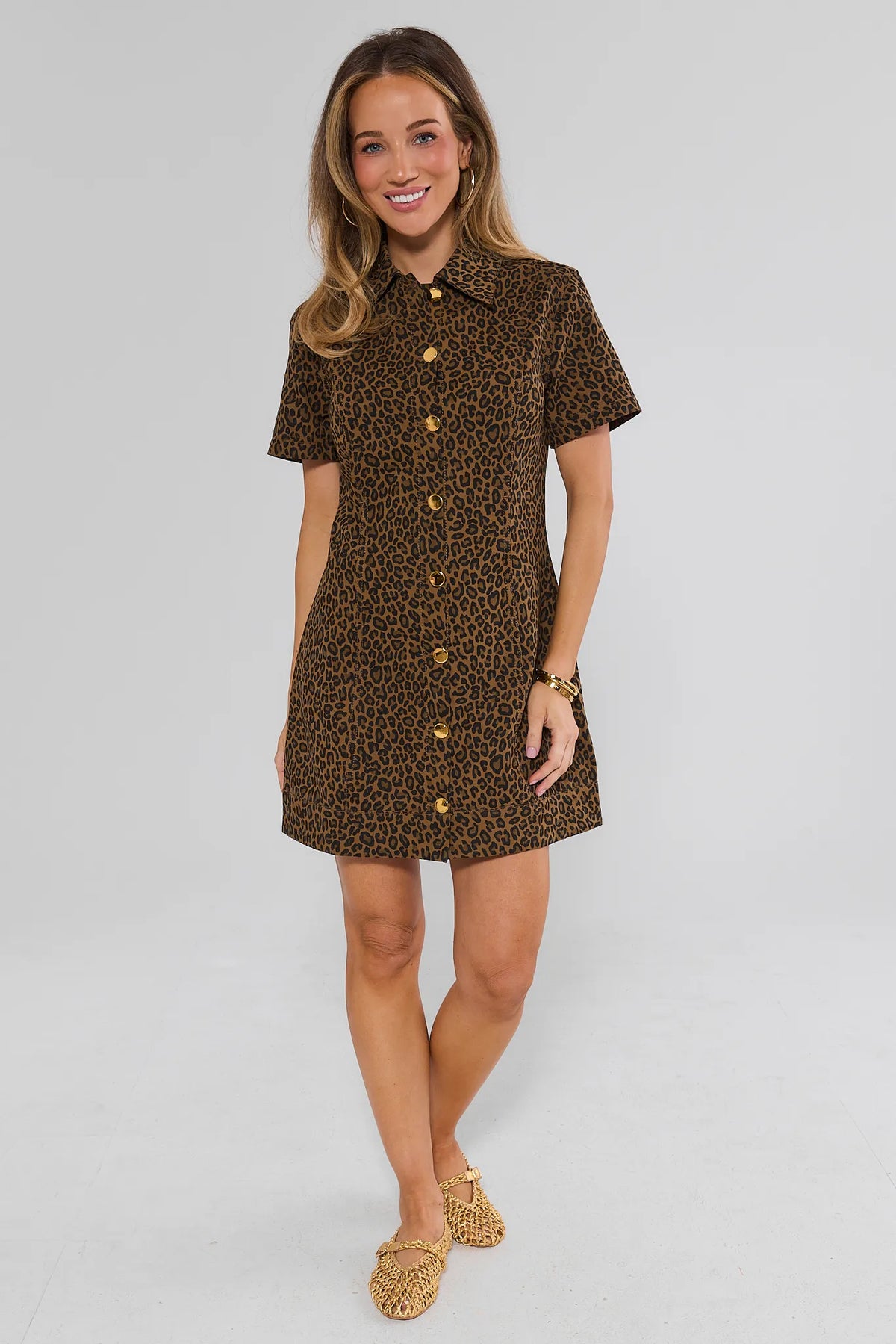 Leopard Print Cotton Mini Shirt Dress with Gold Buttons - Full Length Front View On Model | Avara