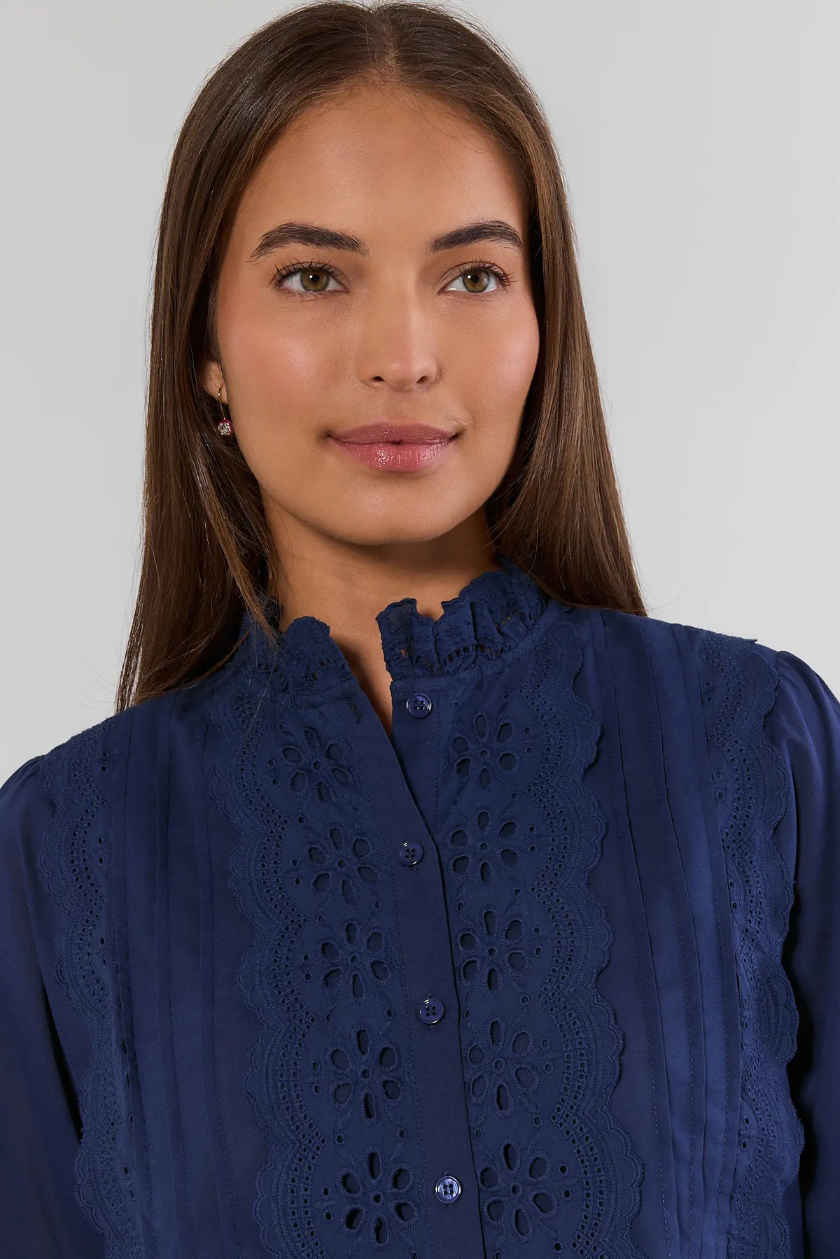 Navy Eyelet Button Up Top - Ruffle Collar & Floral Eyelet Detail Close-Up | Avara