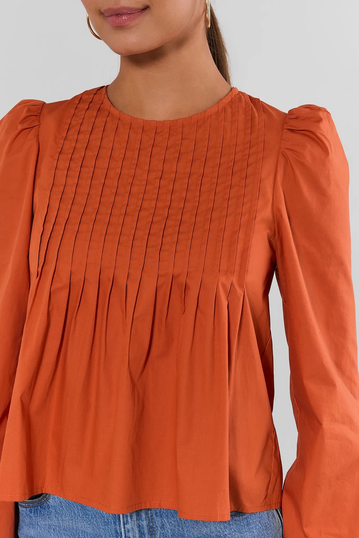 Orange Cotton Pleated Top - Pintuck & Neckline Close-Up Detail | Avara
