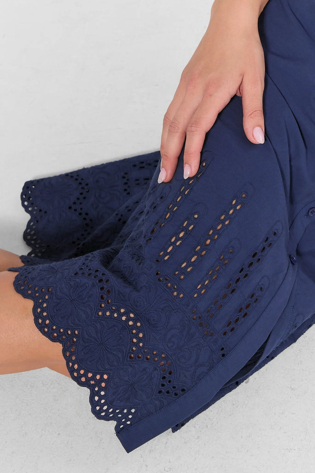Navy Eyelet Midi Dress Scalloped Hem Close-Up Detail | Avara
