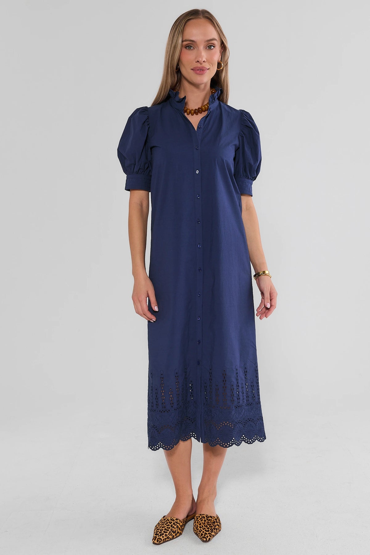 Navy Cotton Eyelet Trim Midi Dress - Front View On Model | Avara