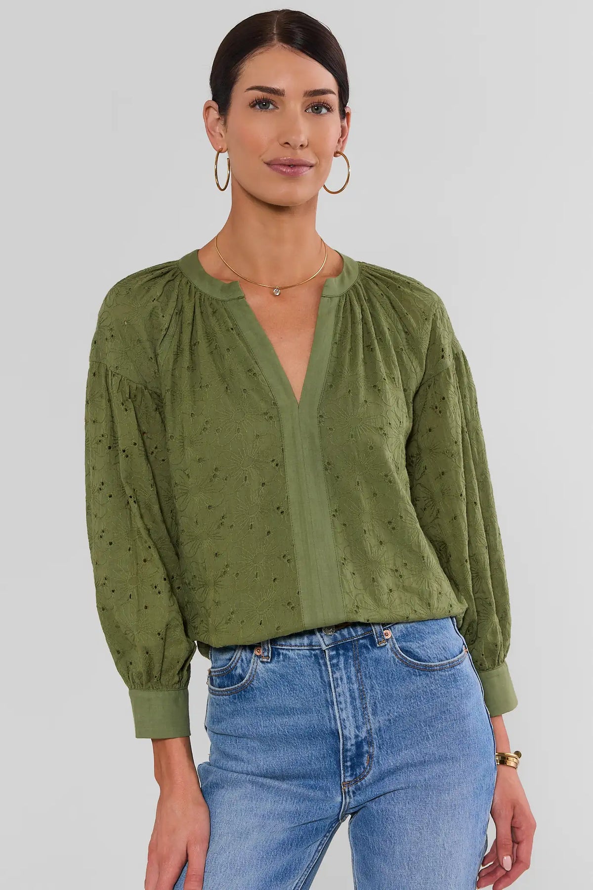 Olive Green Floral Eyelet Split Neck Top - Front View On Model | Avara