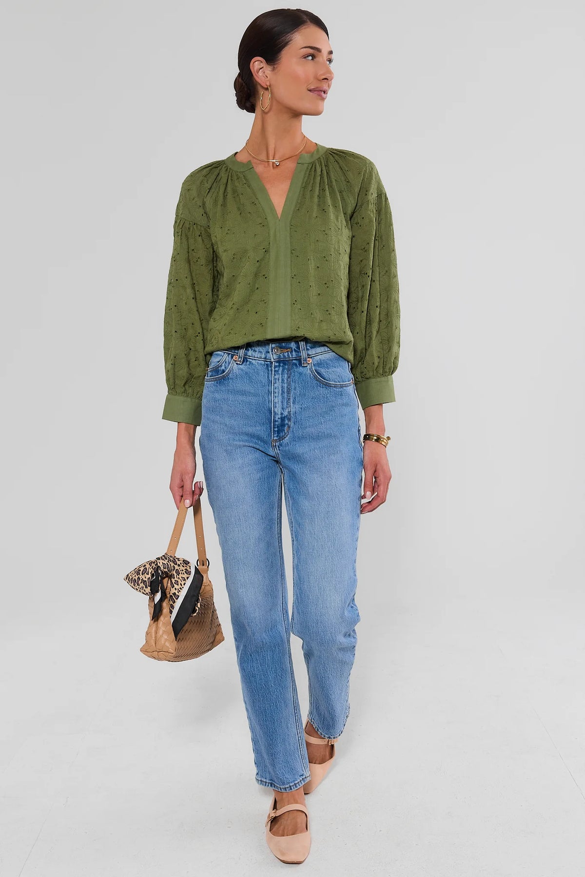 Olive Green Floral Eyelet Top Styled with Jeans - Full Length Look | Avara