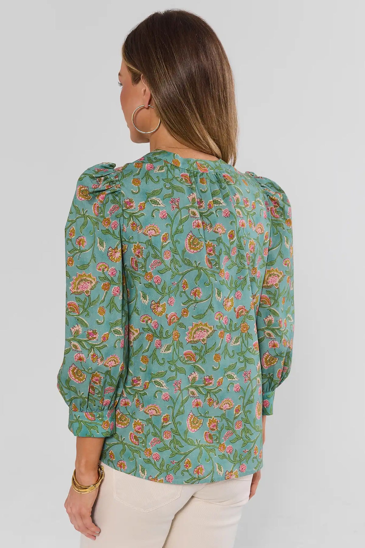 Green Floral Print Long Sleeve Button-Up Top - Back View On Model | Avara