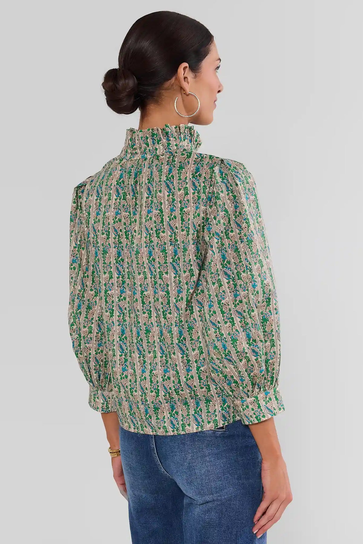 Green Striped Floral Cotton Blouse - Back View, Relaxed Flowing Silhouette with Ruffle Collar | Avara