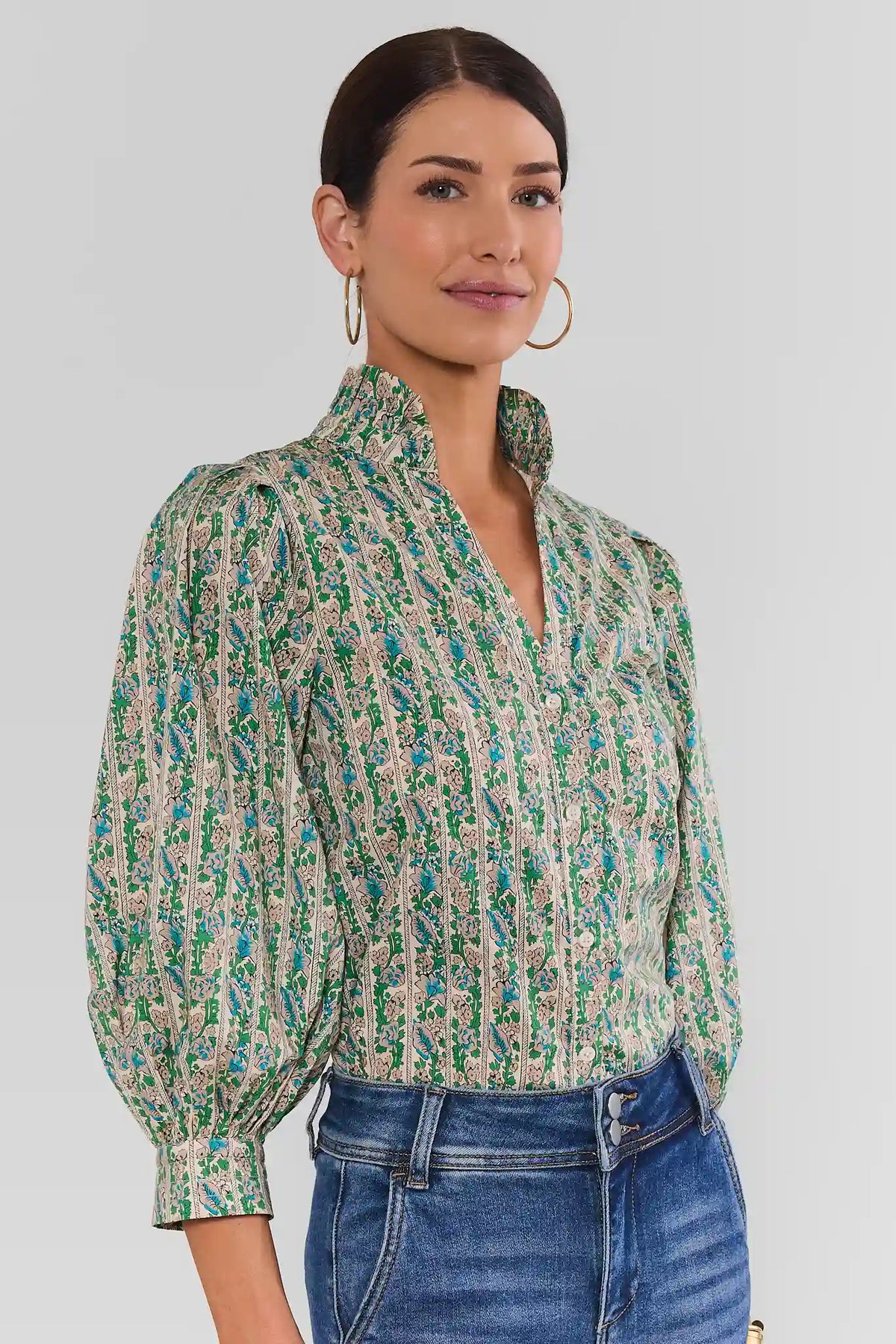 Green Striped Floral Cotton Blouse - Three-Quarter Side View, Puff Sleeves & Ruffle Collar | Avara