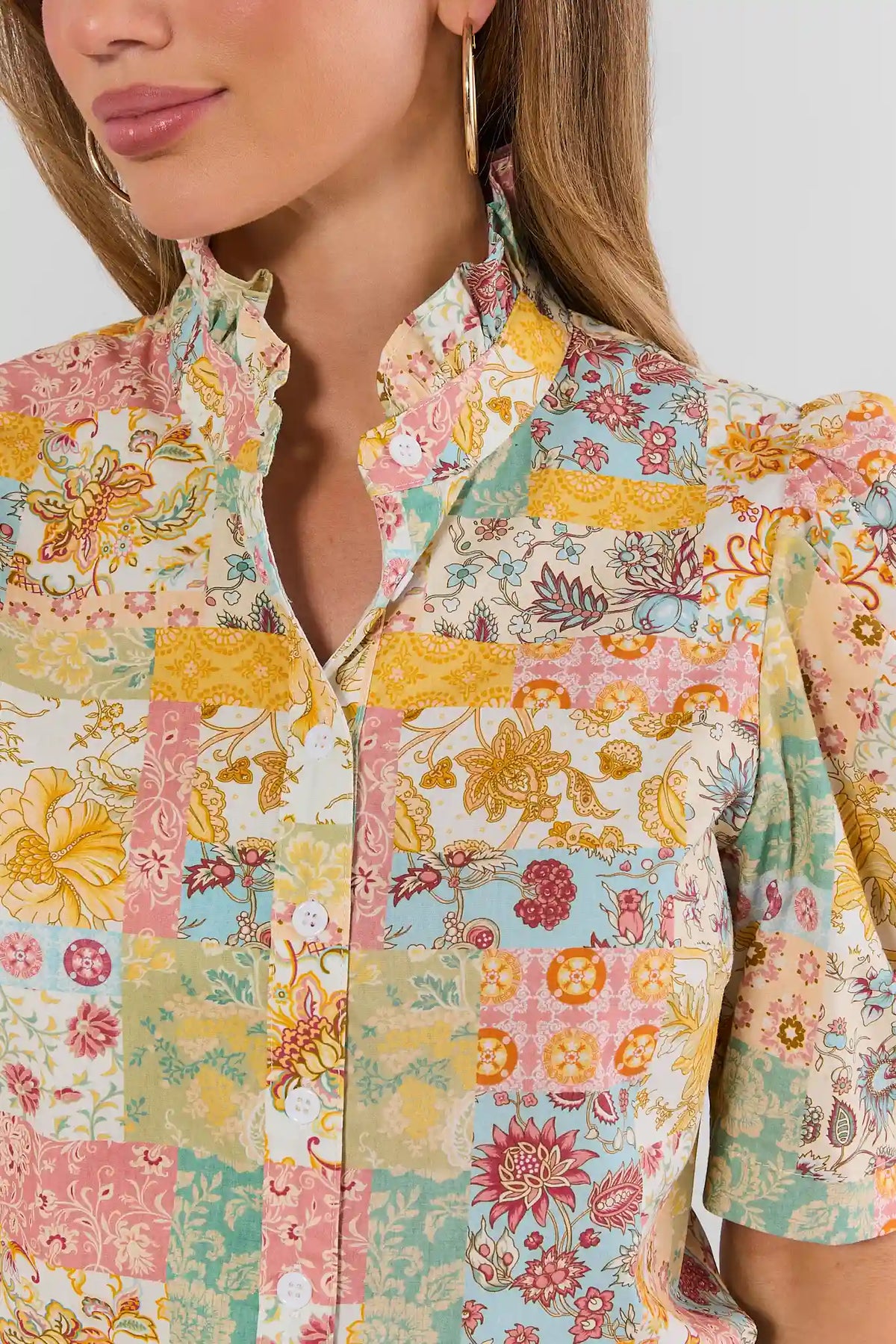 Yellow Patchwork Printed Top - Ruffle Collar & Button Detail Close-Up | Avara