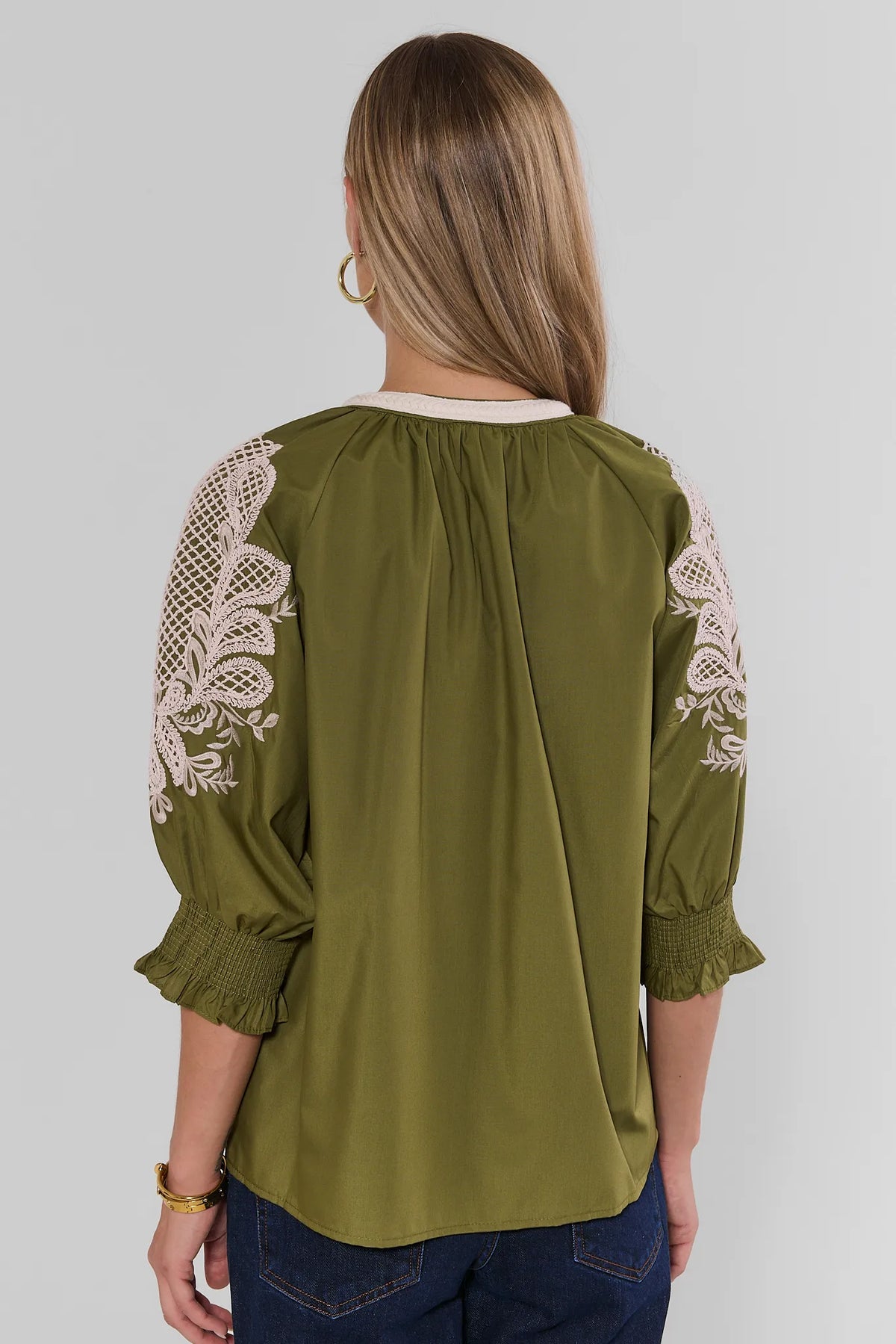 Green Ivory Embroidered Split Neck Top - Back View with Smocked Cuffs | Avara