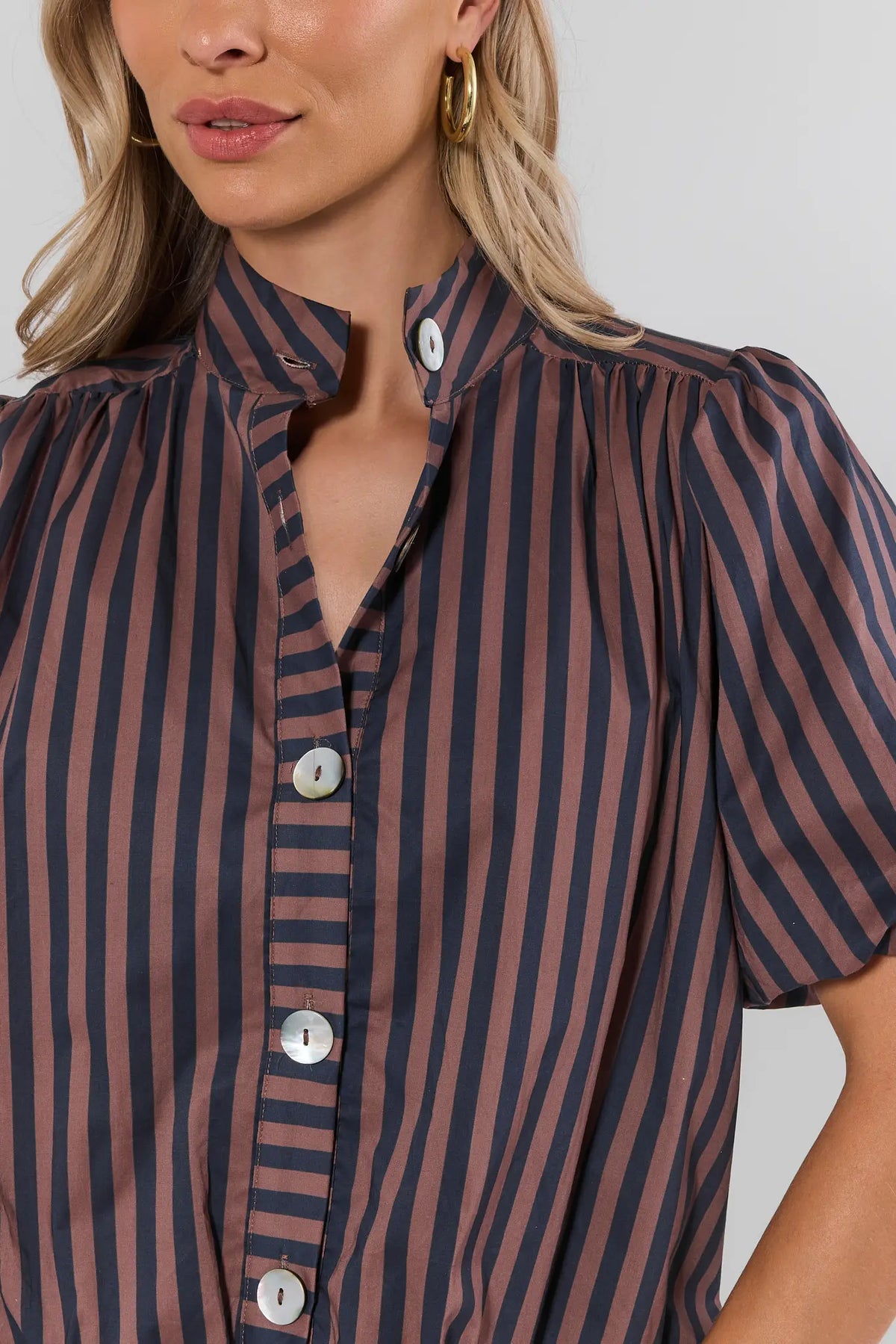 Navy & Brown Striped Cotton Top - Neckline & Button Detail Close-Up | Avara