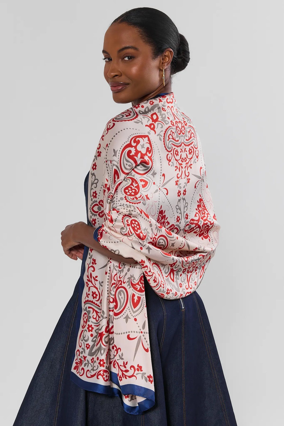 Ivory Paisley Print Wrap Shawl Draped Over Shoulders - Back View On Model | Avara