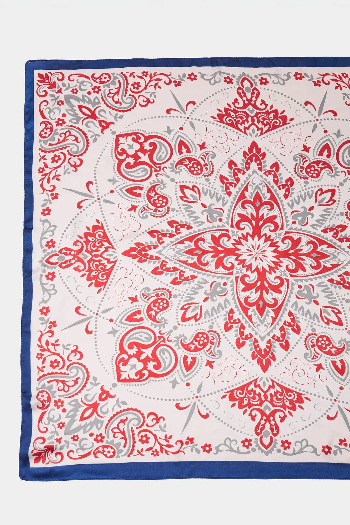 Ivory Red Paisley Print Wrap Scarf - Flat Lay Print Detail with Navy Border | Avara