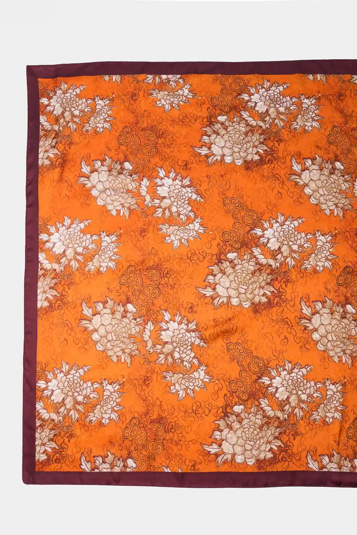 Orange Floral Printed Wrap with Burgundy Border - Flat Lay Detail | Avara