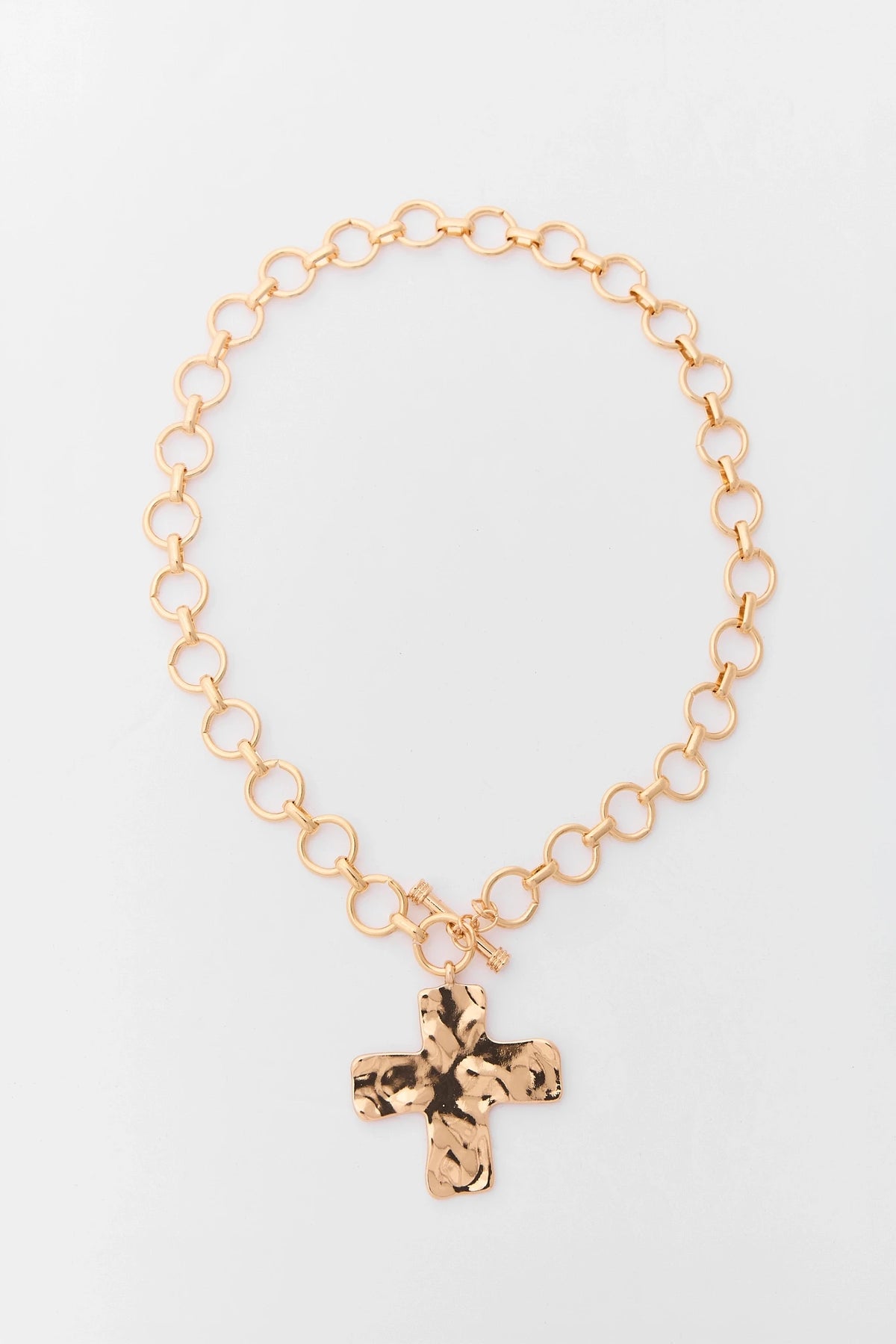Gold Hammered Cross Pendant Necklace - Flat Lay, Ring Chain | Avara
