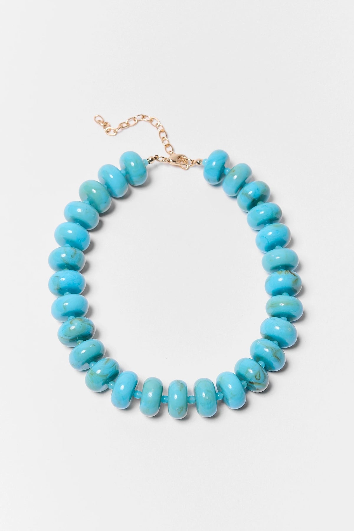 Turquoise Chunky Beaded Statement Necklace with Gold-Tone Clasp - Flat Lay | Avara