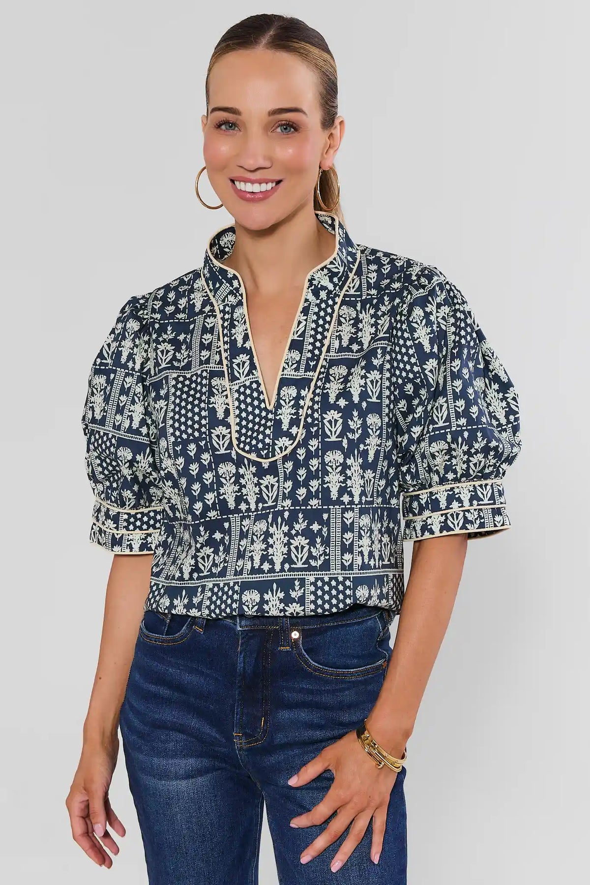 Navy Patchwork Floral Puff Sleeve Top - Front View On Model | Avara
