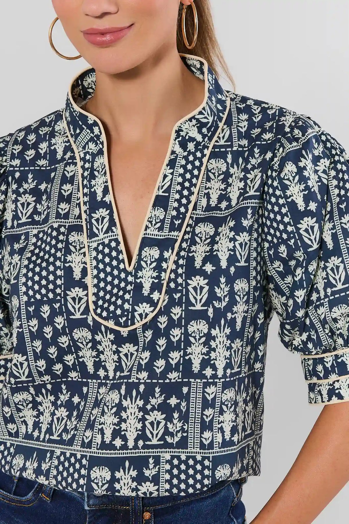 Navy Floral Printed Top - V-Neckline & Patchwork Print Close-Up Detail | Avara