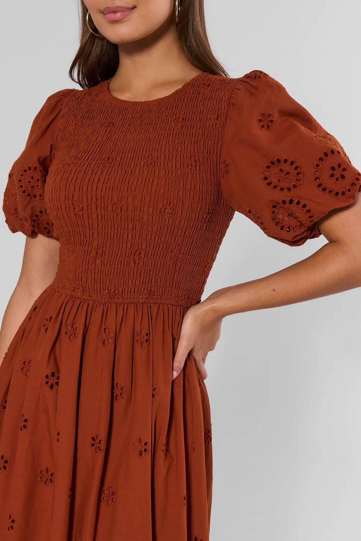 Rust Smocked Eyelet Midi Dress - Close-Up of Bodice and Puff Sleeve Detail | Avara