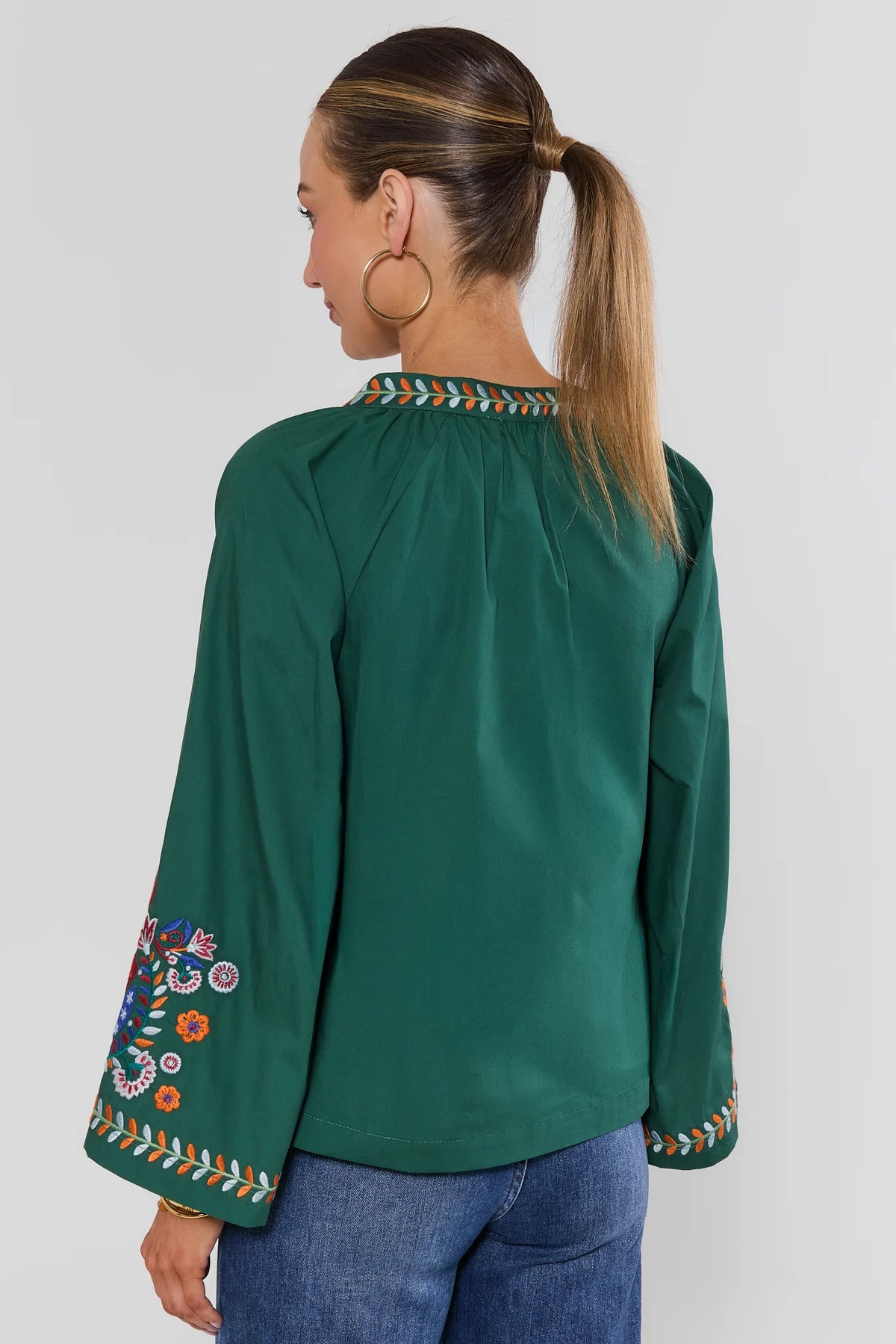 Green Cotton Embroidered Top - Back View Showing Embroidered Sleeves | Avara