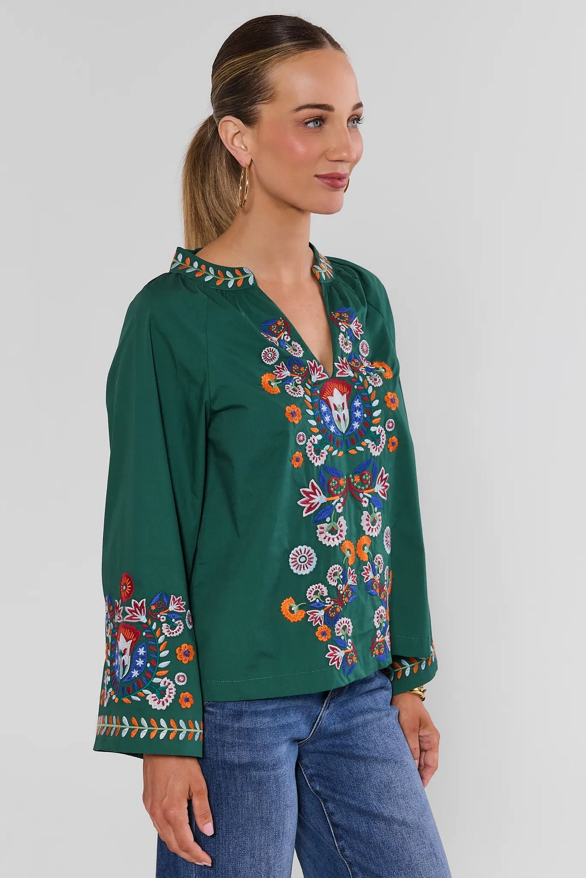 Green Floral Embroidered Top for Women - Side Profile View | Avara