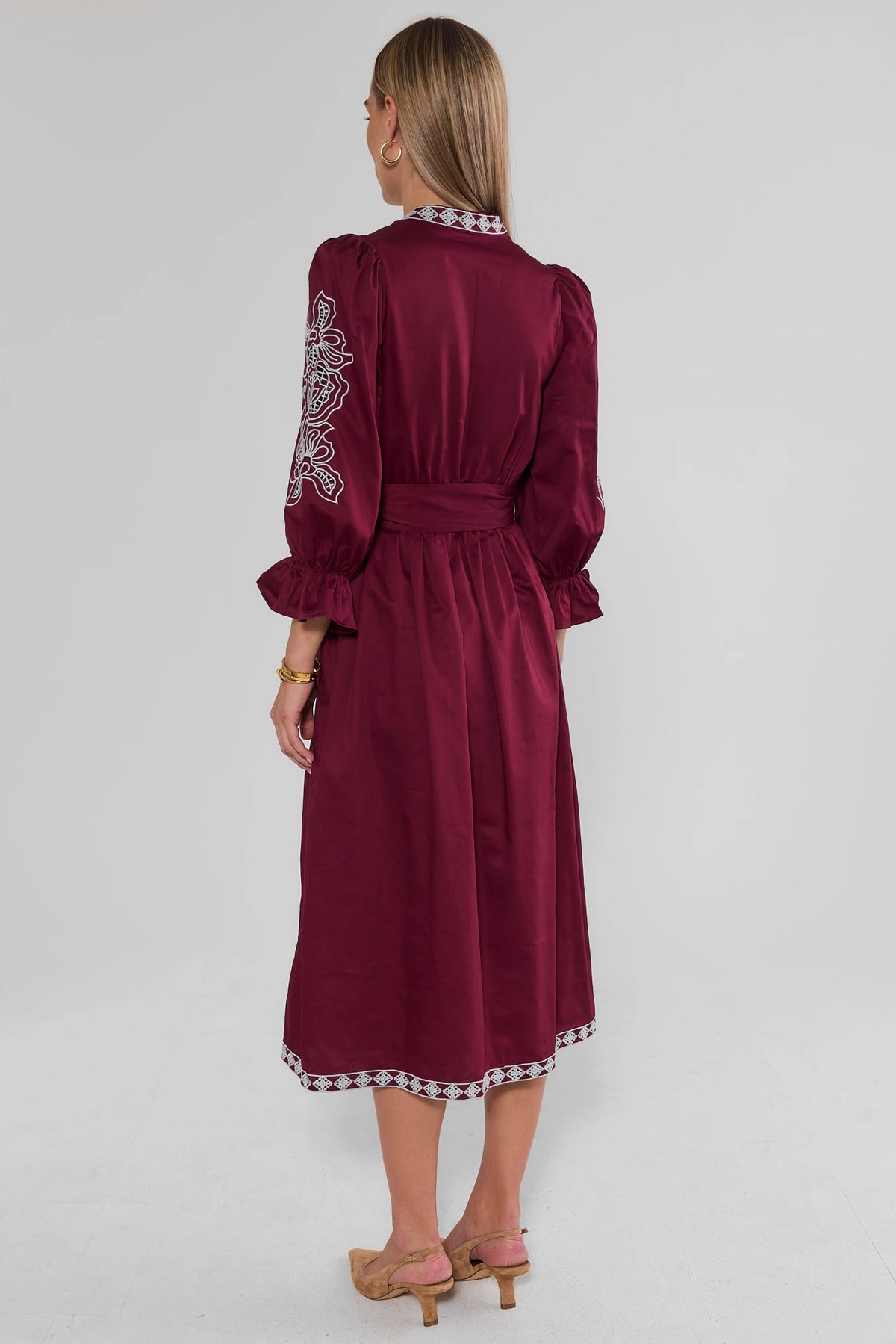 Burgundy Embroidered Midi Dress - Back View, Floral Sleeve Embroidery & Hem Trim Detail | Avara