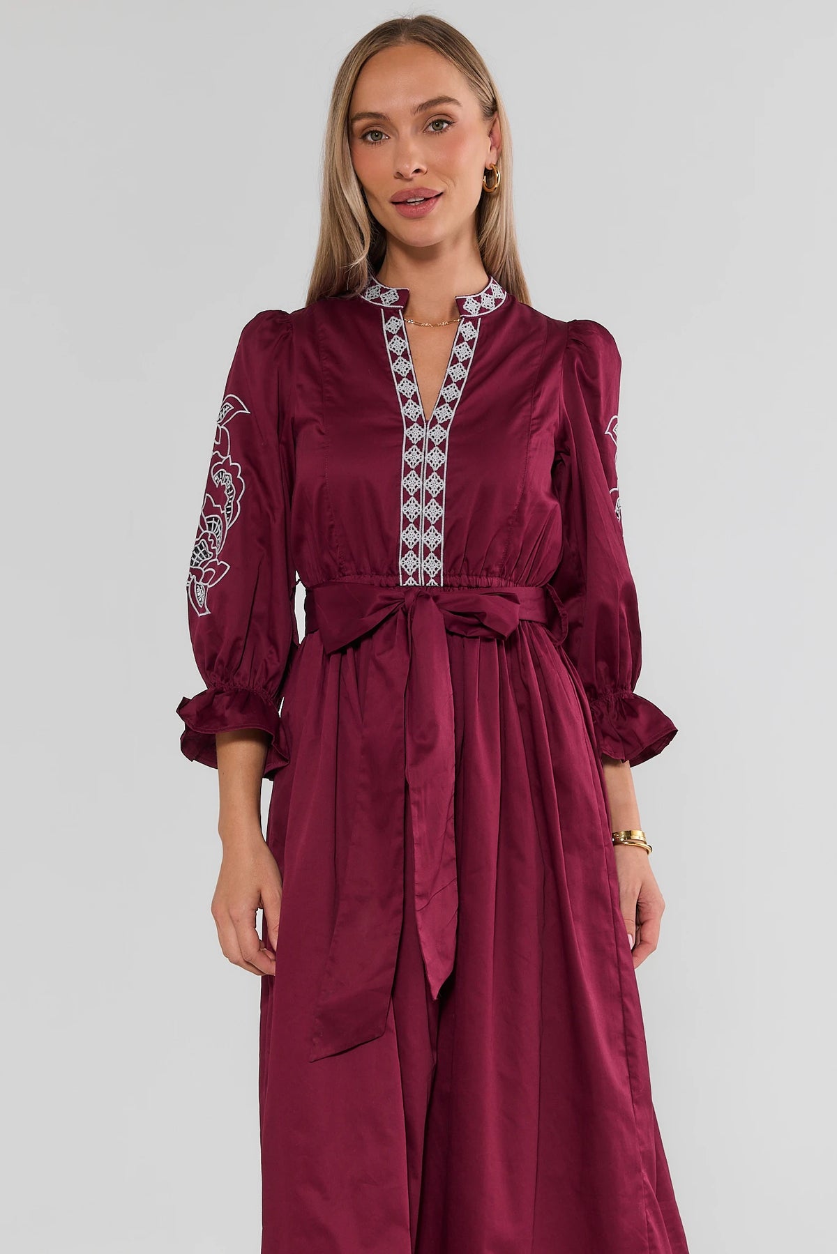 Burgundy Embroidered Midi Dress - Front Crop View, V-Neckline & Bow Tie Waist | Avara