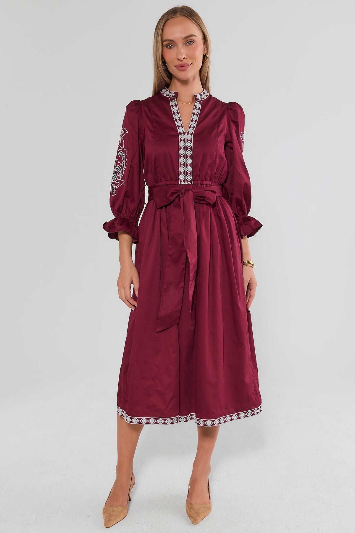 Burgundy Embroidered Midi Dress for Women - Full Front View, 3/4 Sleeves & Midi Length | Avara