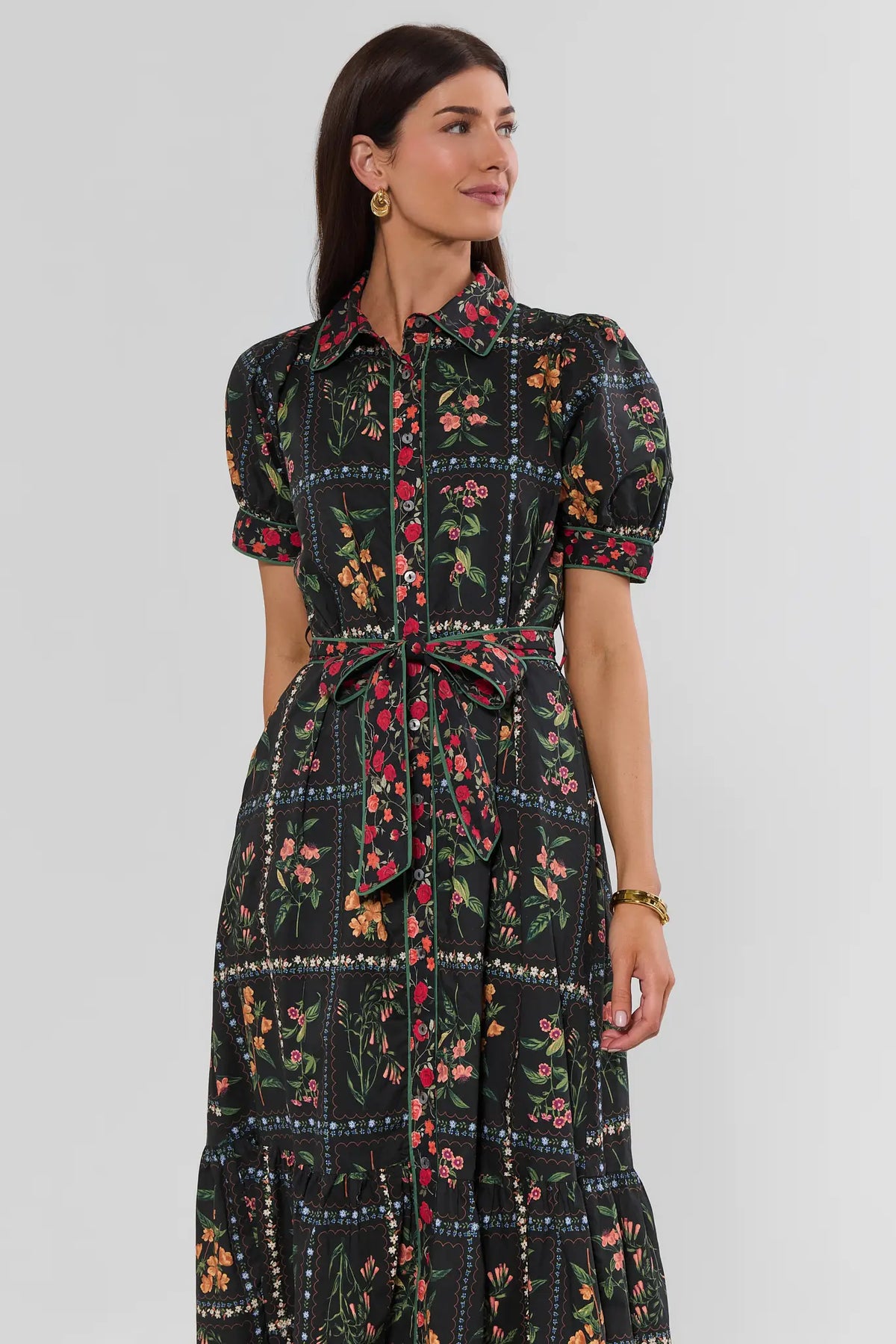Black Floral Print Midi Dress - Side Angle On Model, Belted Waist & Puff Sleeves, Modest Length | Avara
