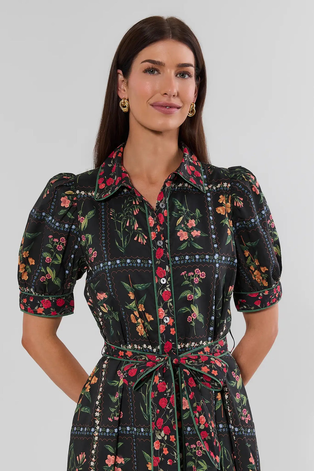 Black Floral Print Midi Dress - Front Close-Up, Button Front, Collared Neckline & Self-Tie Belt | Avara