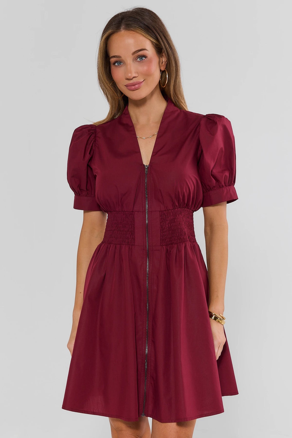 Maroon Zip-Up Short Dress with Puff Sleeves and Smocked Waist - Front View | Avara